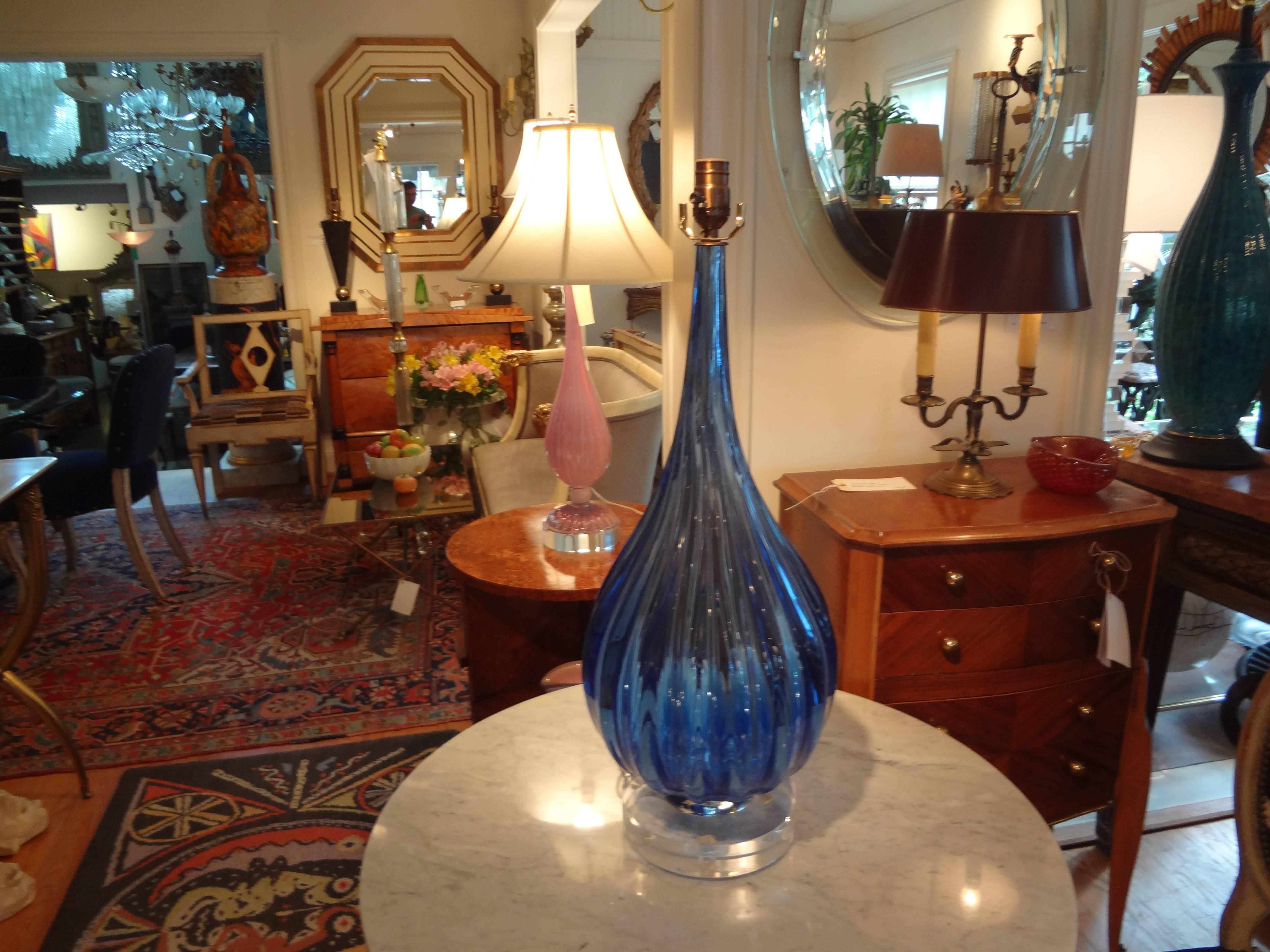 Large Mid-Century Blue Murano Glass Lamp In Excellent Condition In Houston, TX