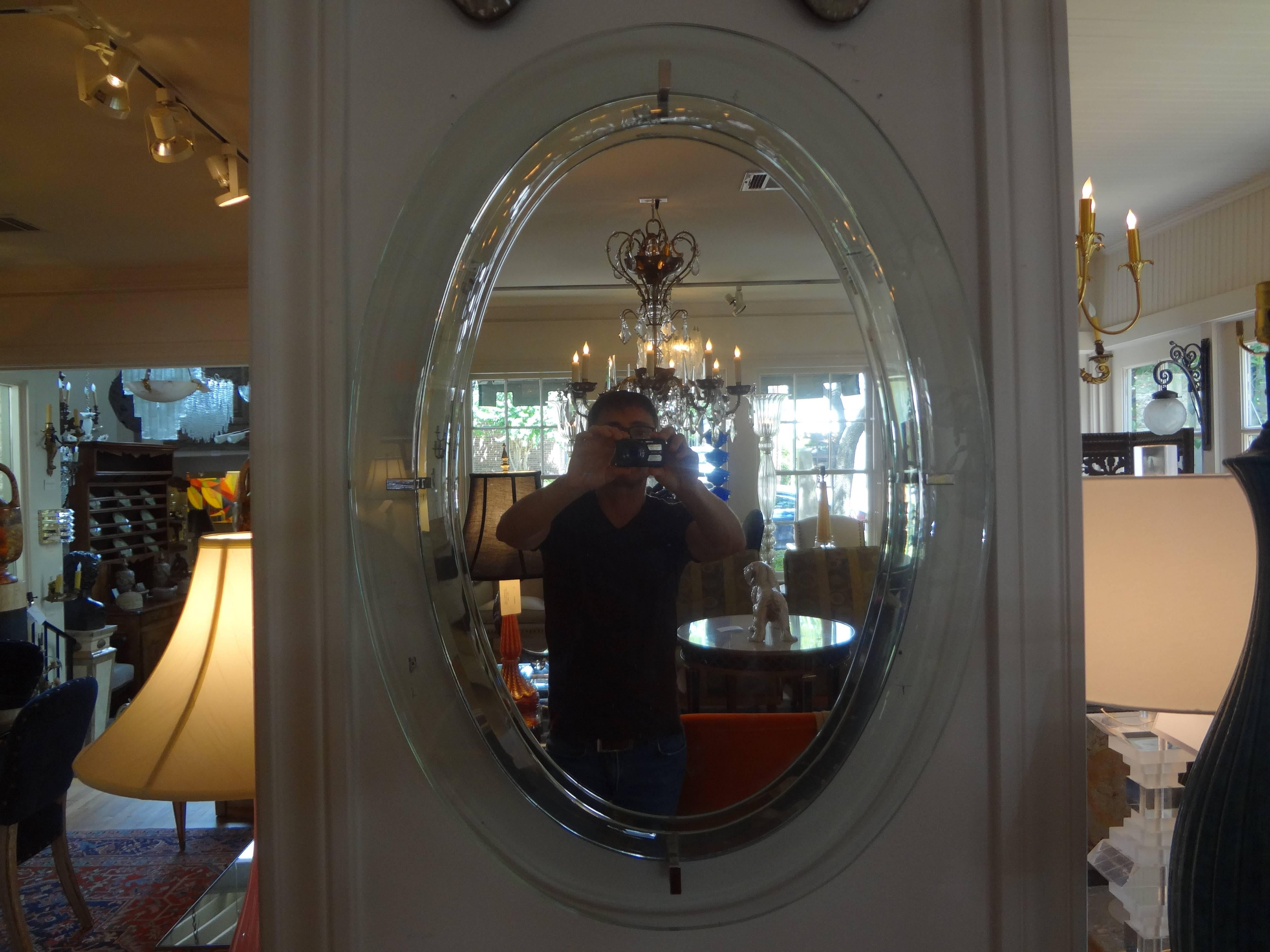 Italian Fontana Arte Inspired Mid-Century Modern Oval Mirror In Excellent Condition In Houston, TX