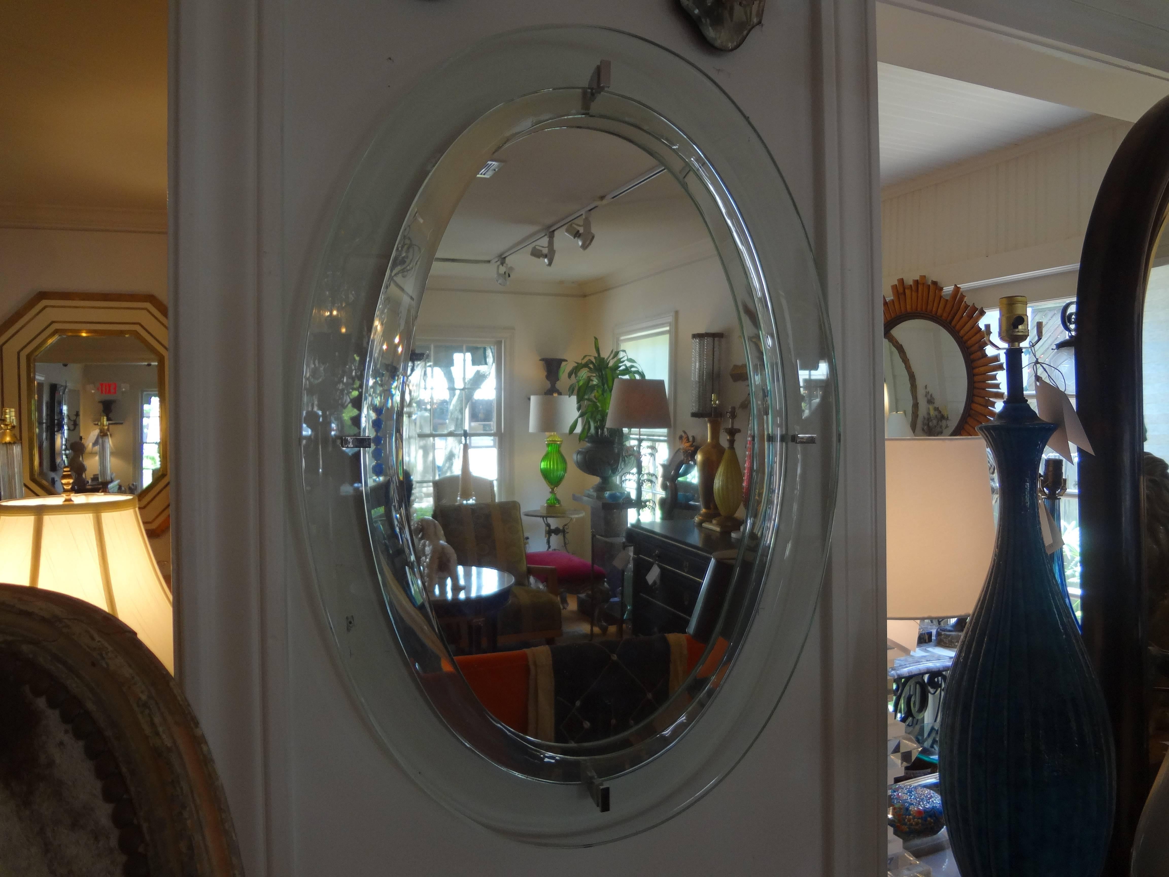 Mid-20th Century Italian Fontana Arte Inspired Mid-Century Modern Oval Mirror