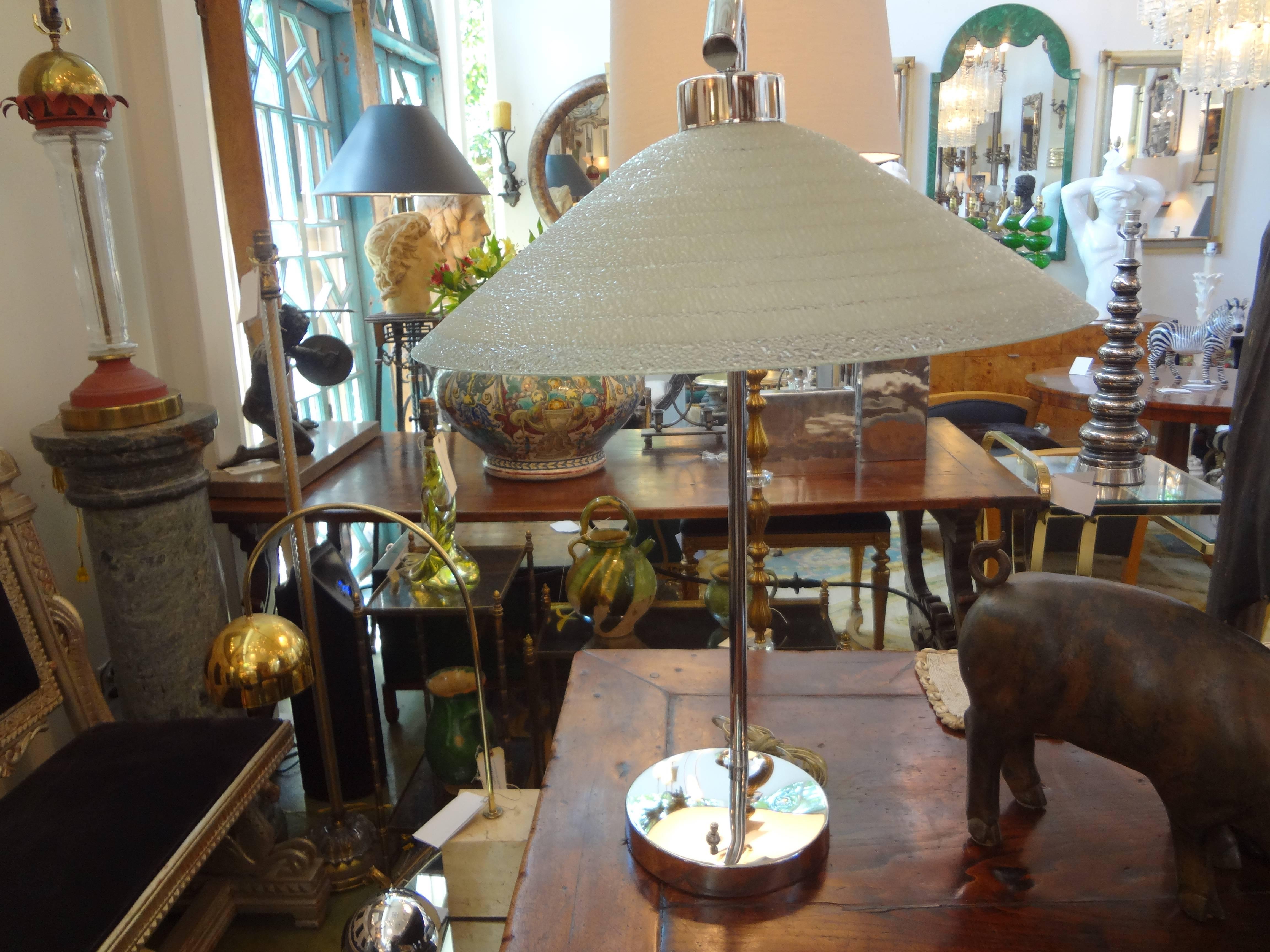 Italian Mid-Century Chrome Desk Lamp with Glass Shade In Good Condition In Houston, TX