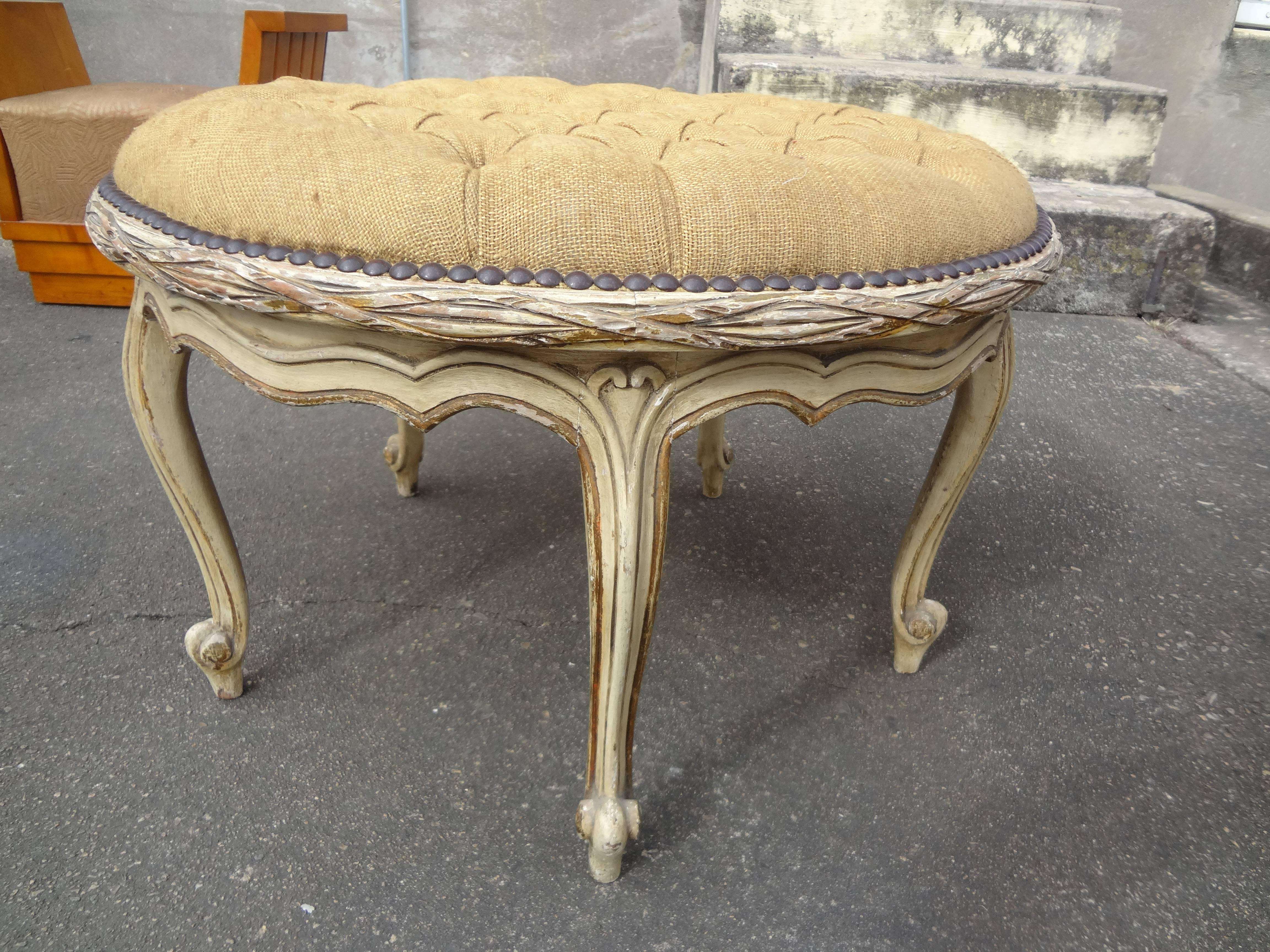 French Louis XVI Style Painted and Gilt wood Ottoman  2