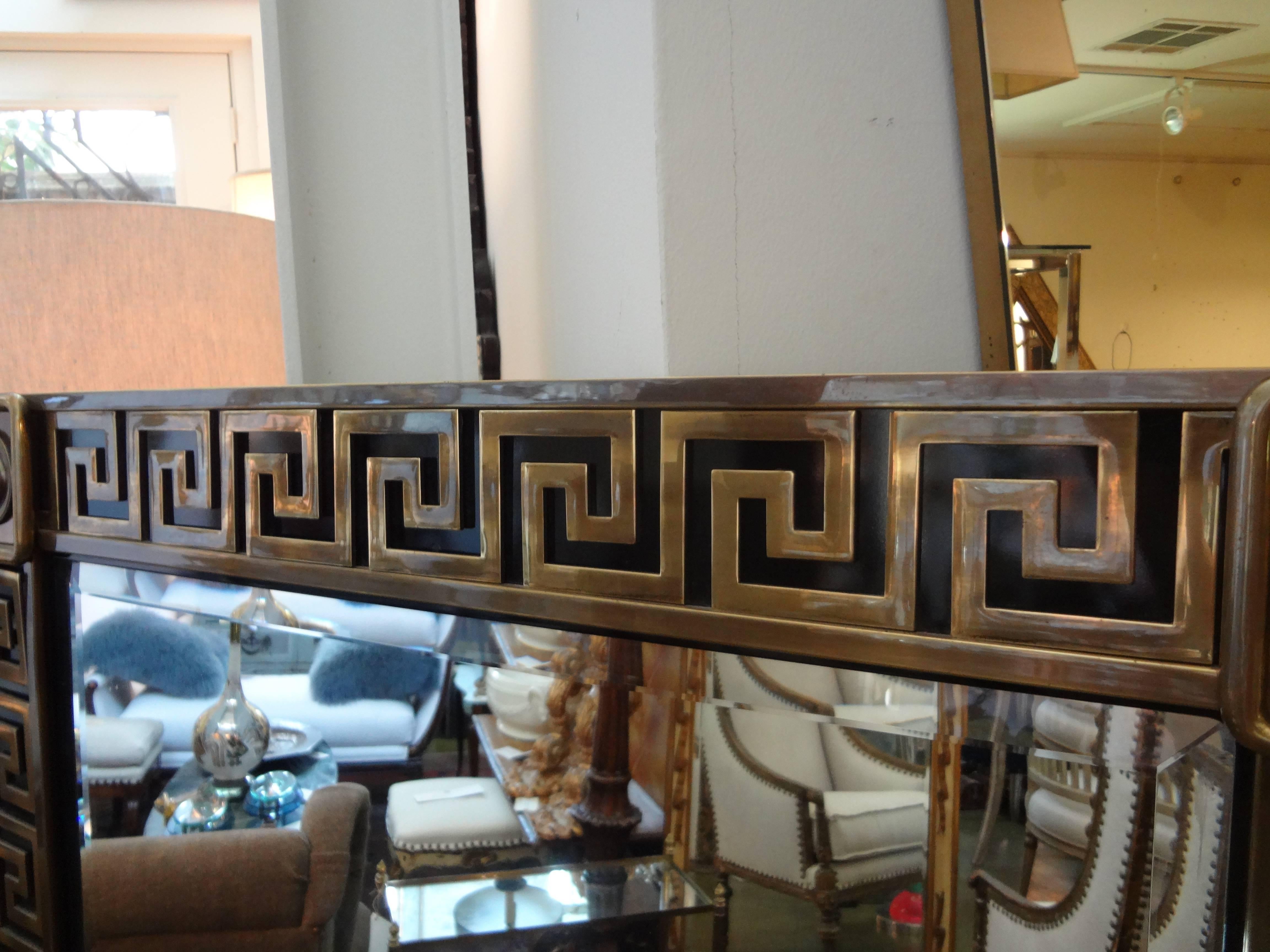 Mid-Century Modern Vintage Brass Greek Key Beveled Mirror
