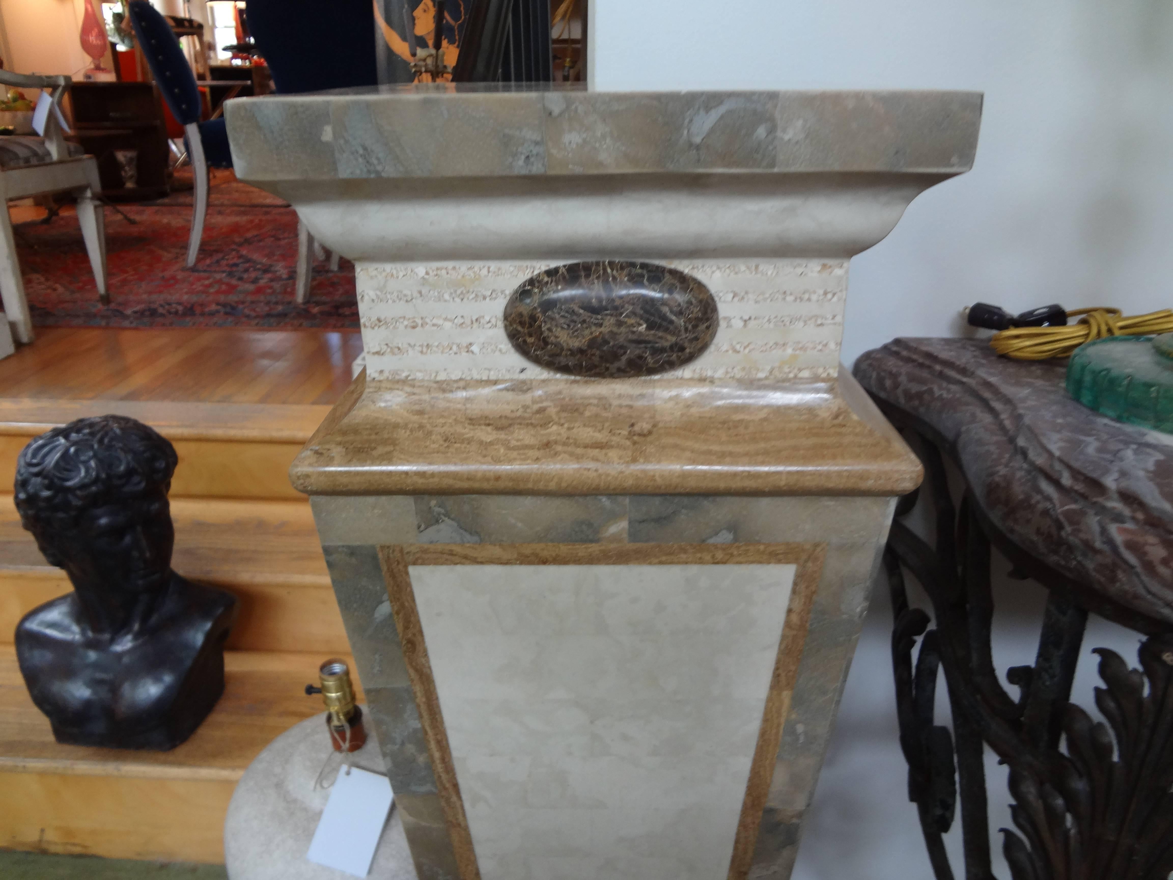 Art Deco Tessellated Travertine and Marble Geometric Pedestal Maitland-Smith Style
