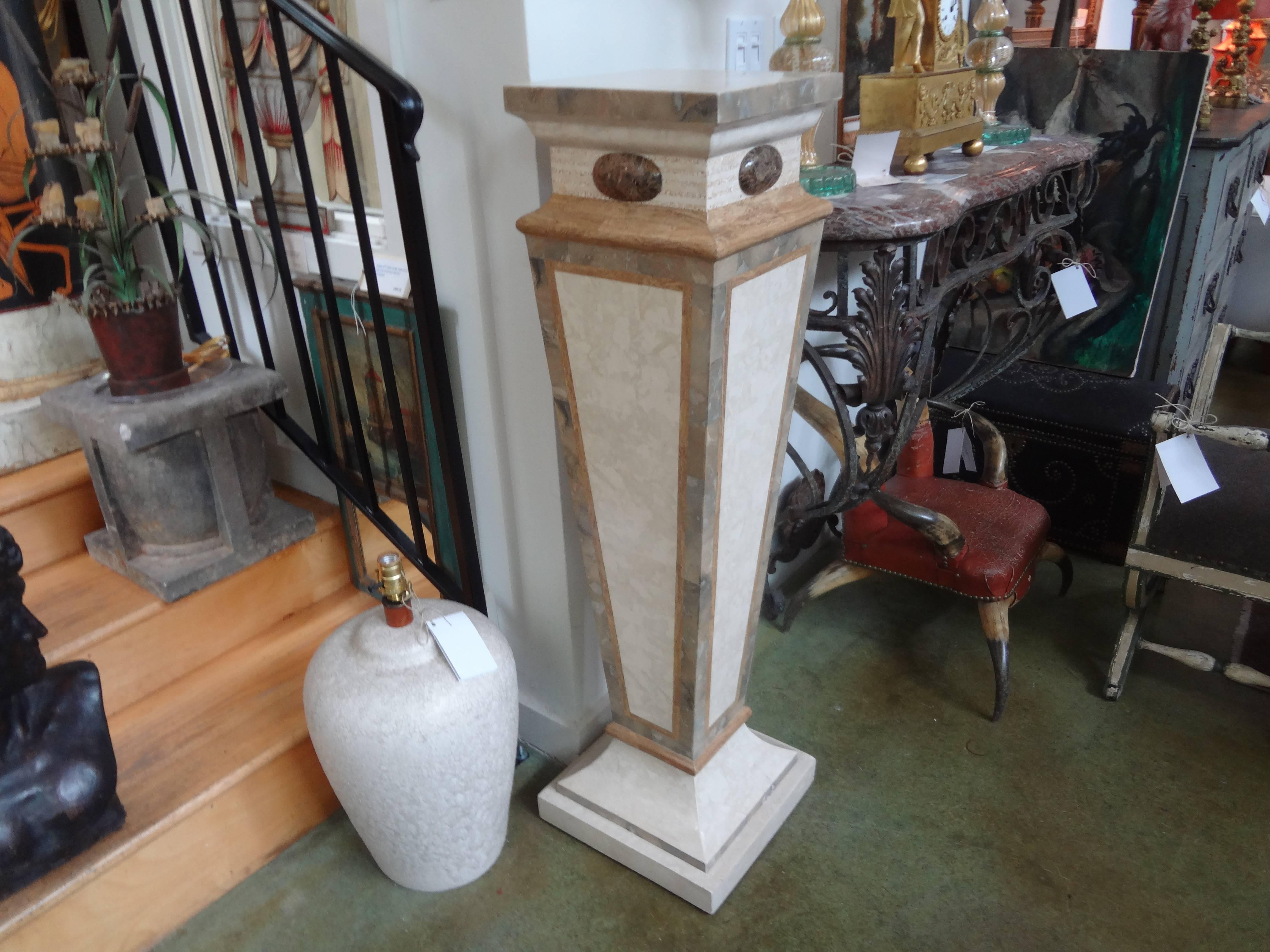 Tessellated Travertine and Marble Geometric Pedestal Maitland-Smith Style In Good Condition In Houston, TX