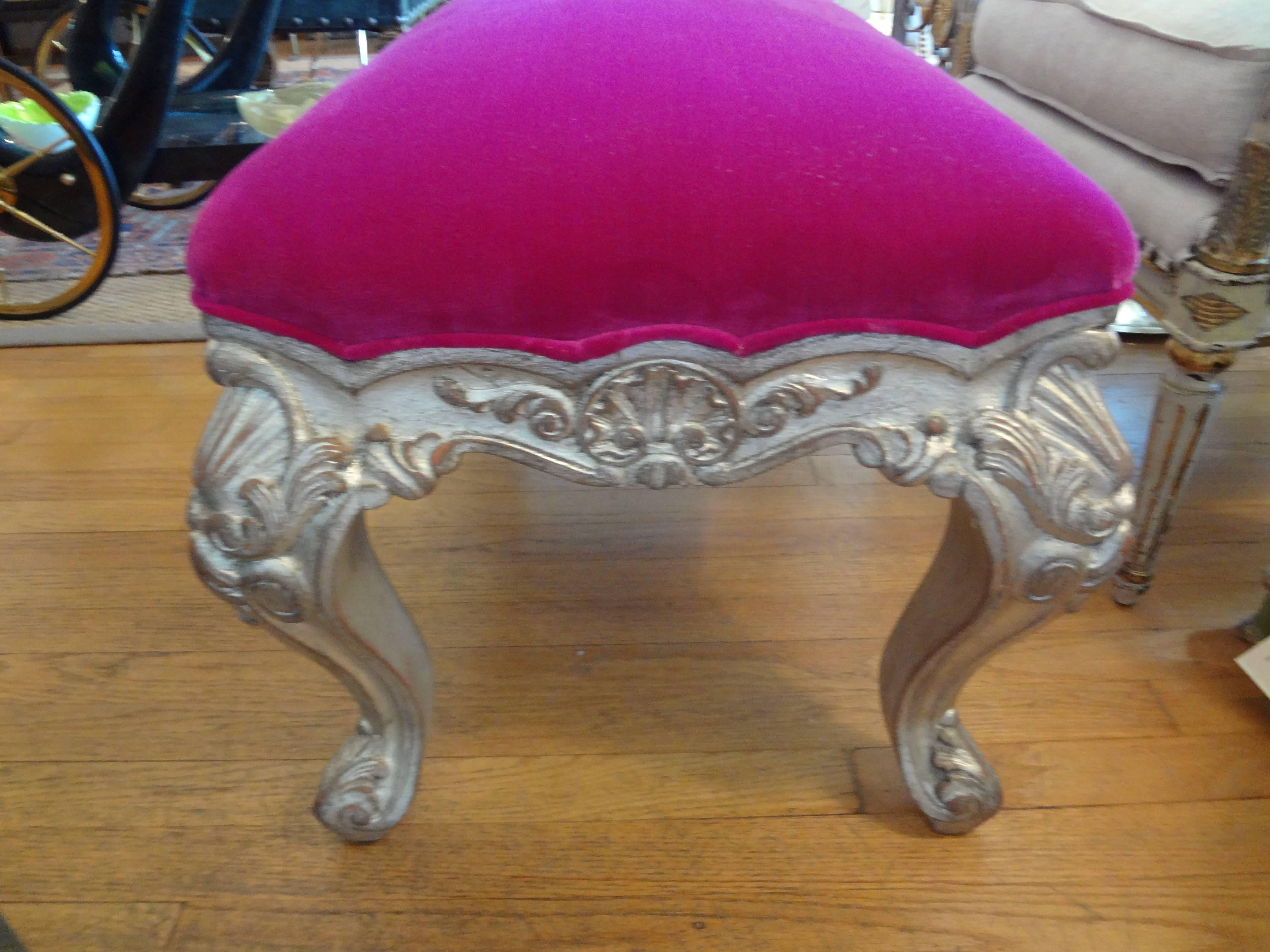 Louis XV Antique Italian Silver Gilt Wood Bench Upholstered in Fuchsia Velvet