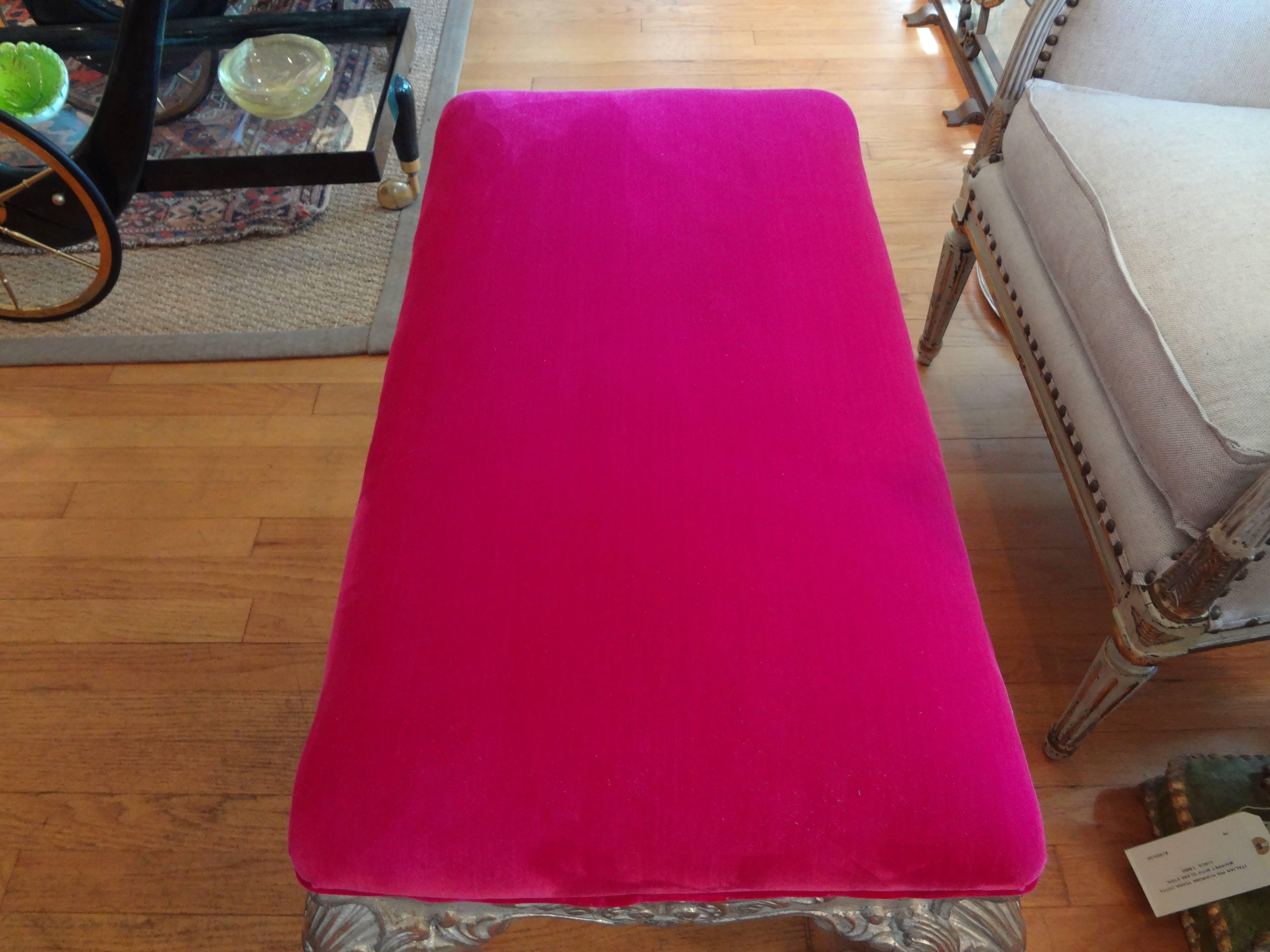 Antique Italian Silver Gilt Wood Bench Upholstered in Fuchsia Velvet In Good Condition In Houston, TX