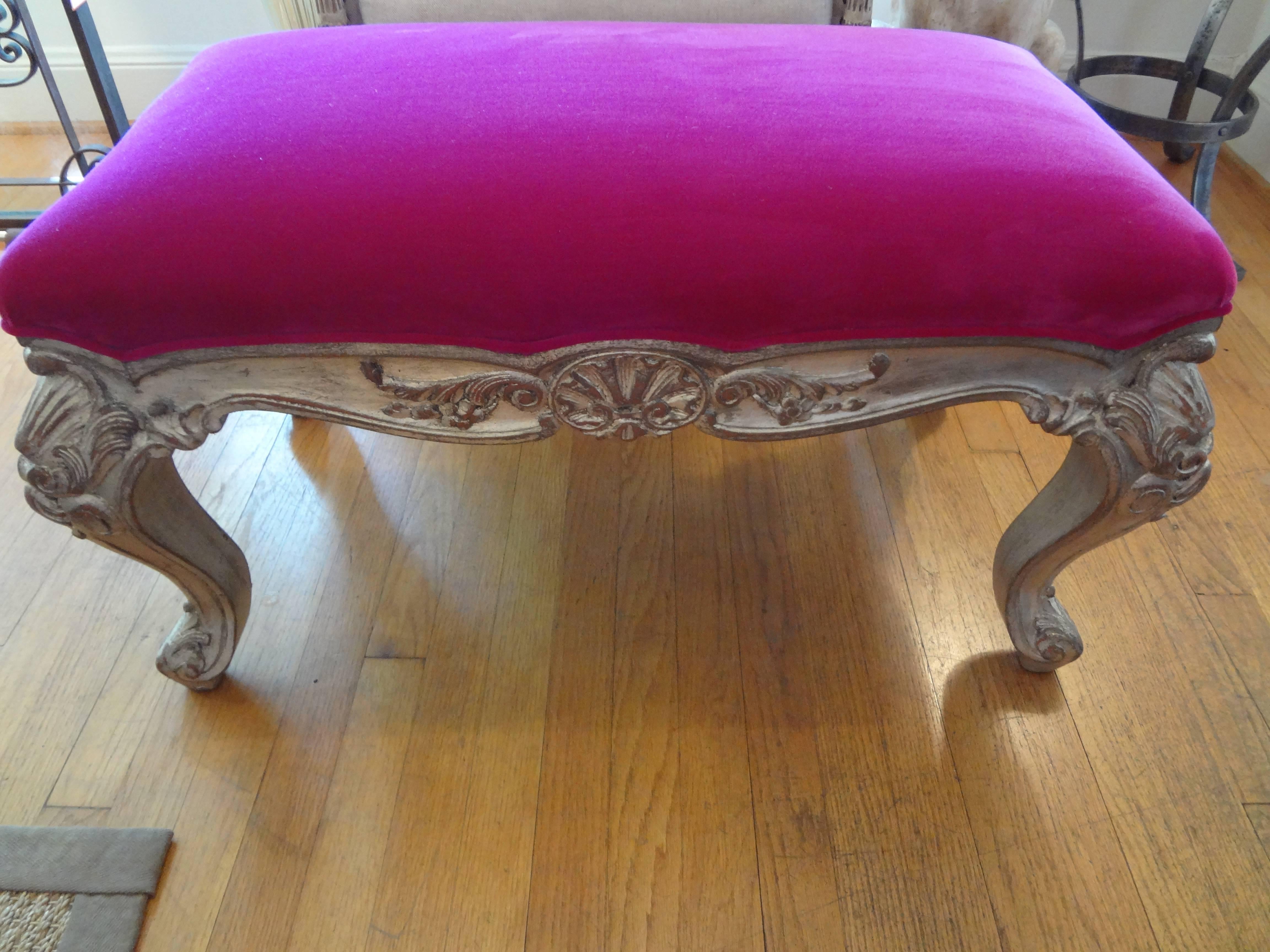 Early 20th Century Antique Italian Silver Gilt Wood Bench Upholstered in Fuchsia Velvet