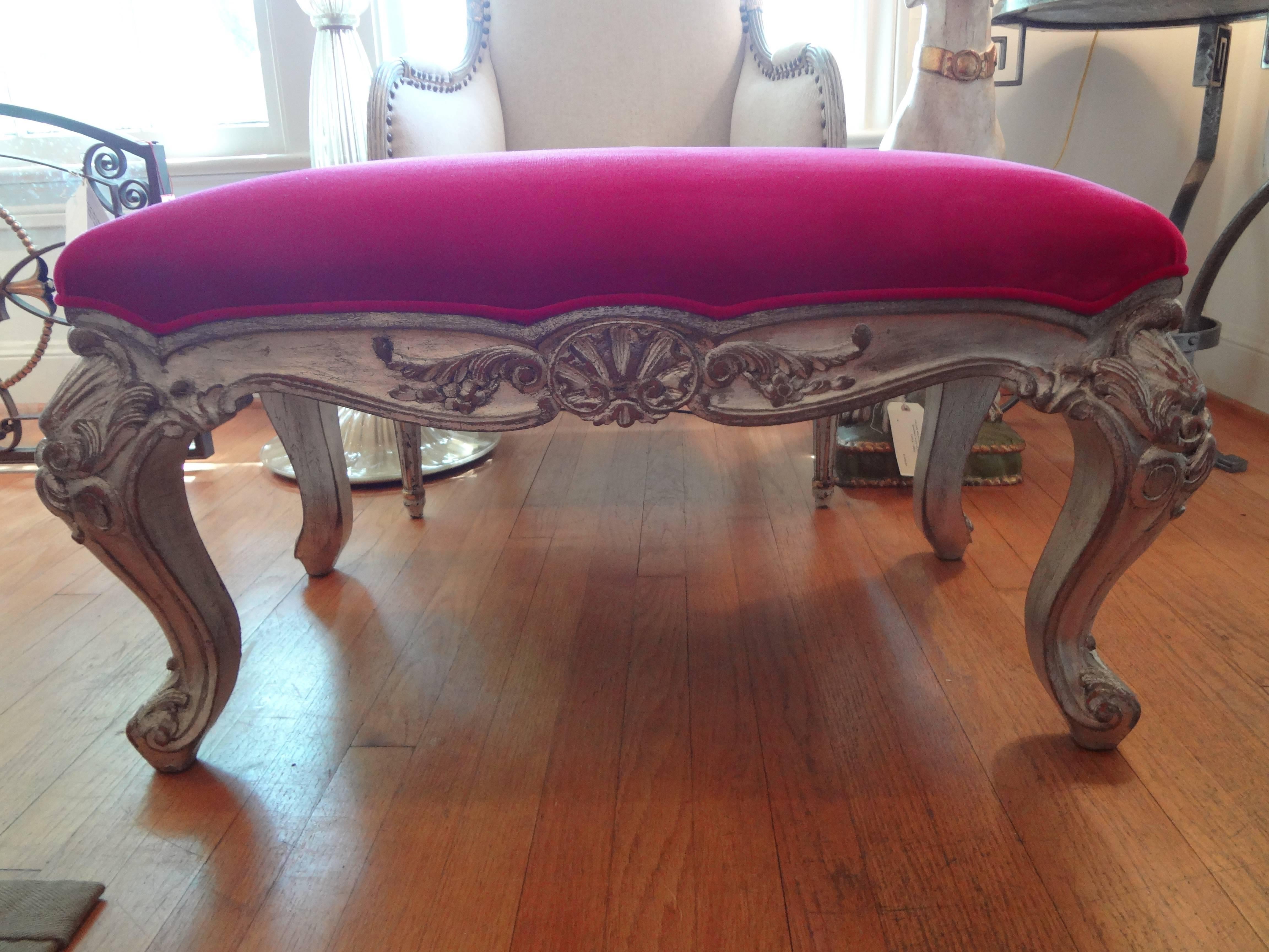 Antique Italian Silver Gilt Wood Bench Upholstered in Fuchsia Velvet 1