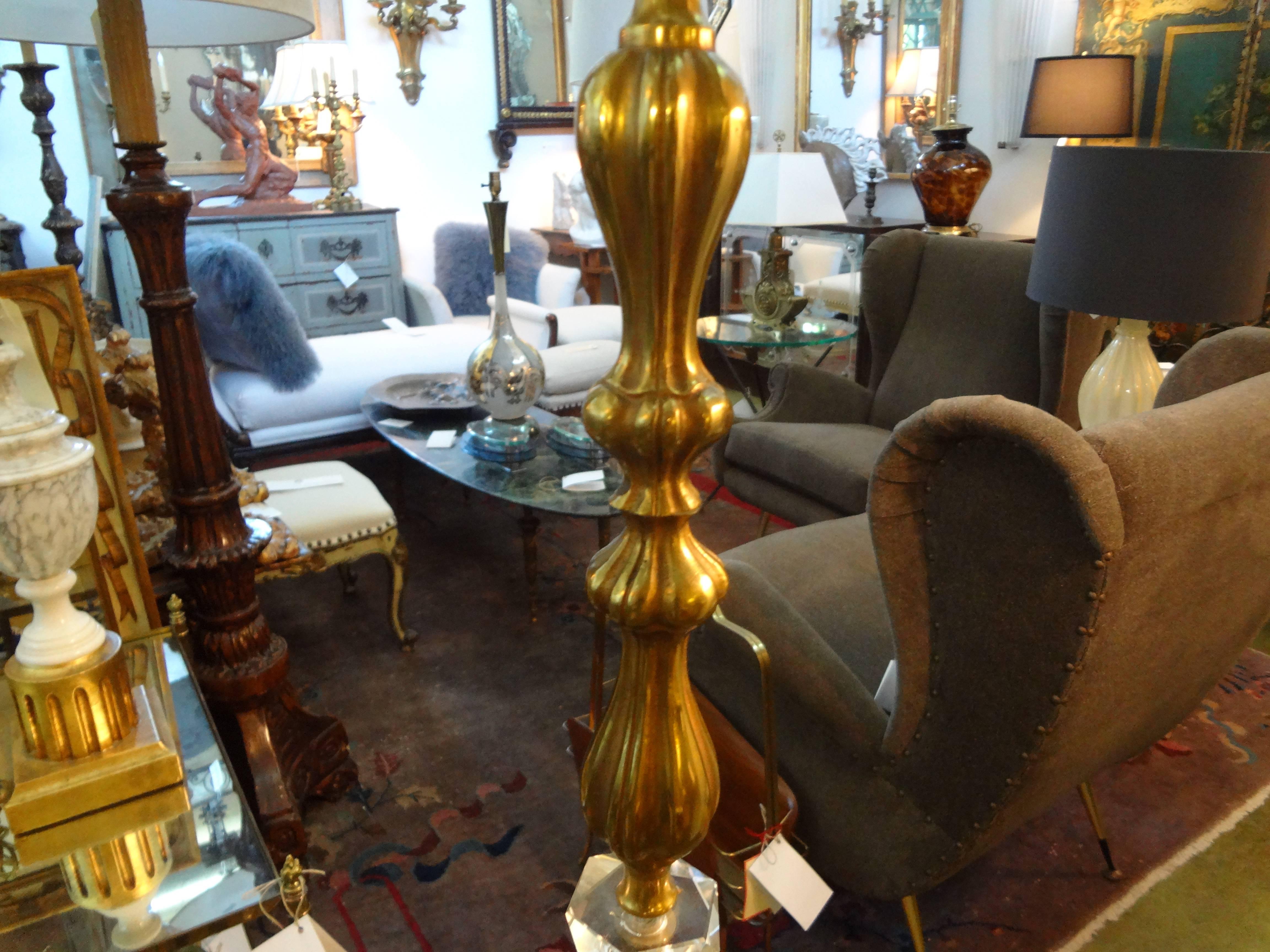 Midcentury French Brass and Glass Floor Lamp In The Style Of Jacques Adnet In Good Condition For Sale In Houston, TX