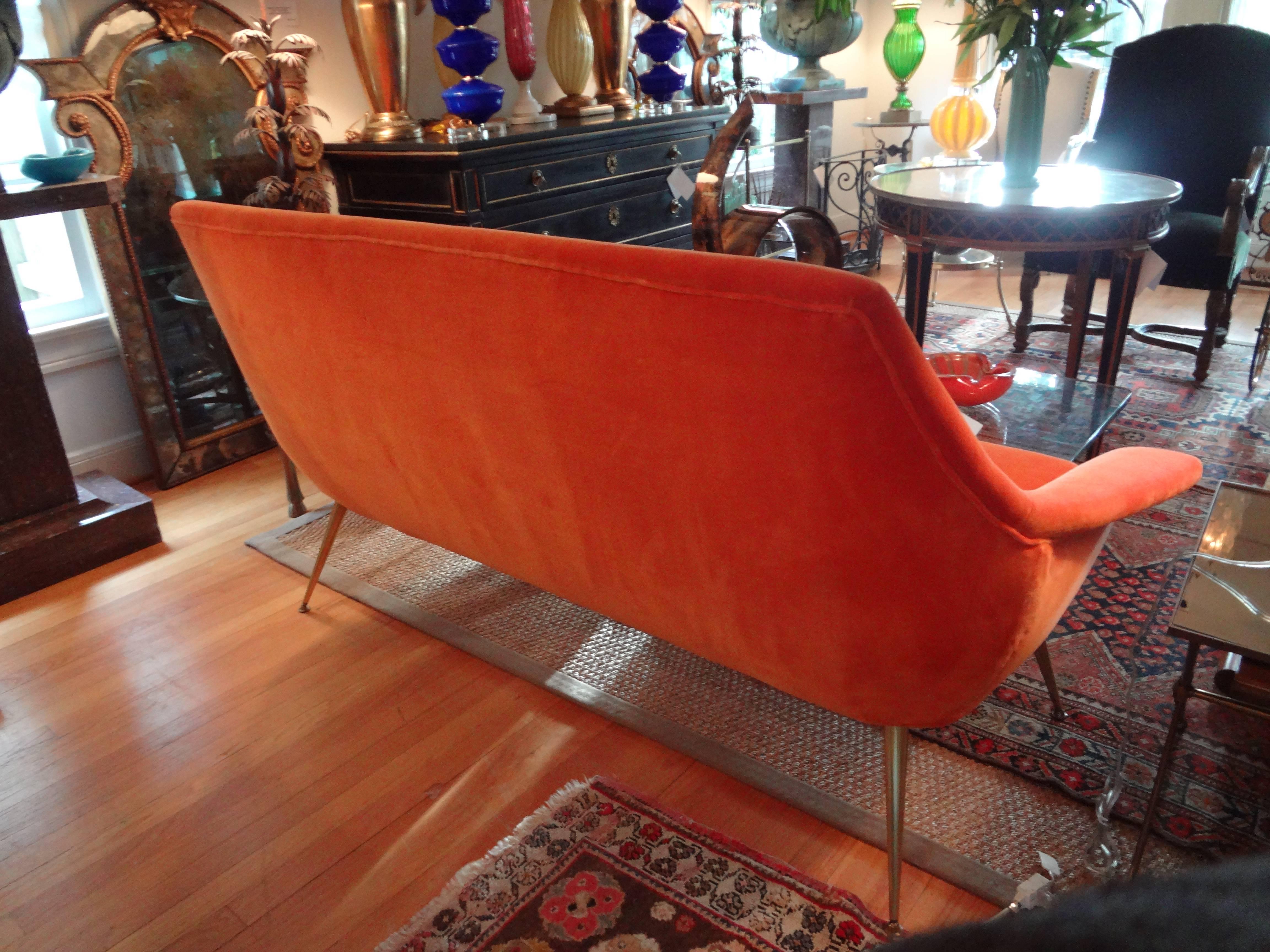 Italian Mid Century Gio Ponti Inspired Sofa with Brass Legs In Good Condition In Houston, TX