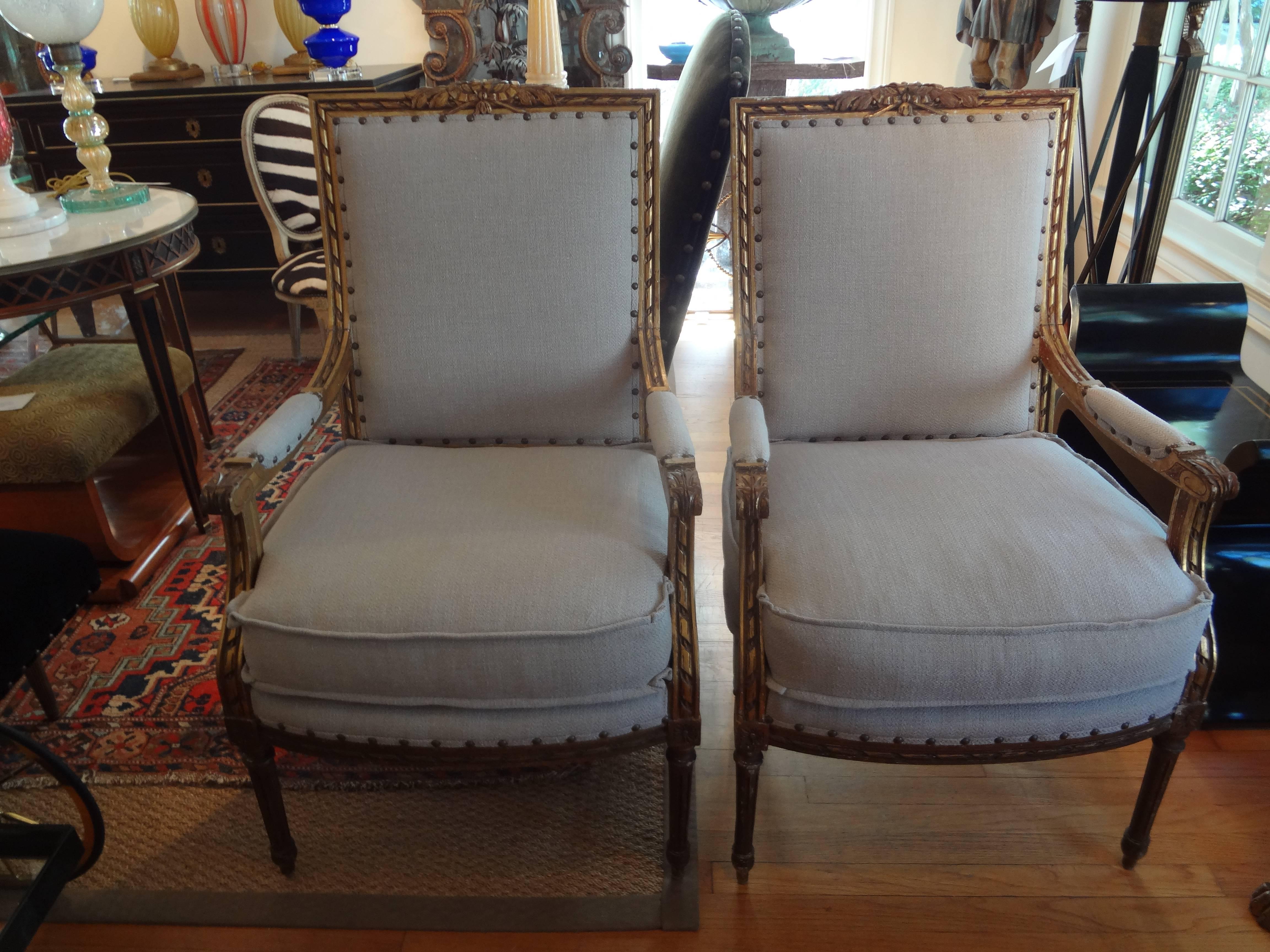 Pair Of Antique French Louis XVI Style Gilt Wood Armchairs 3