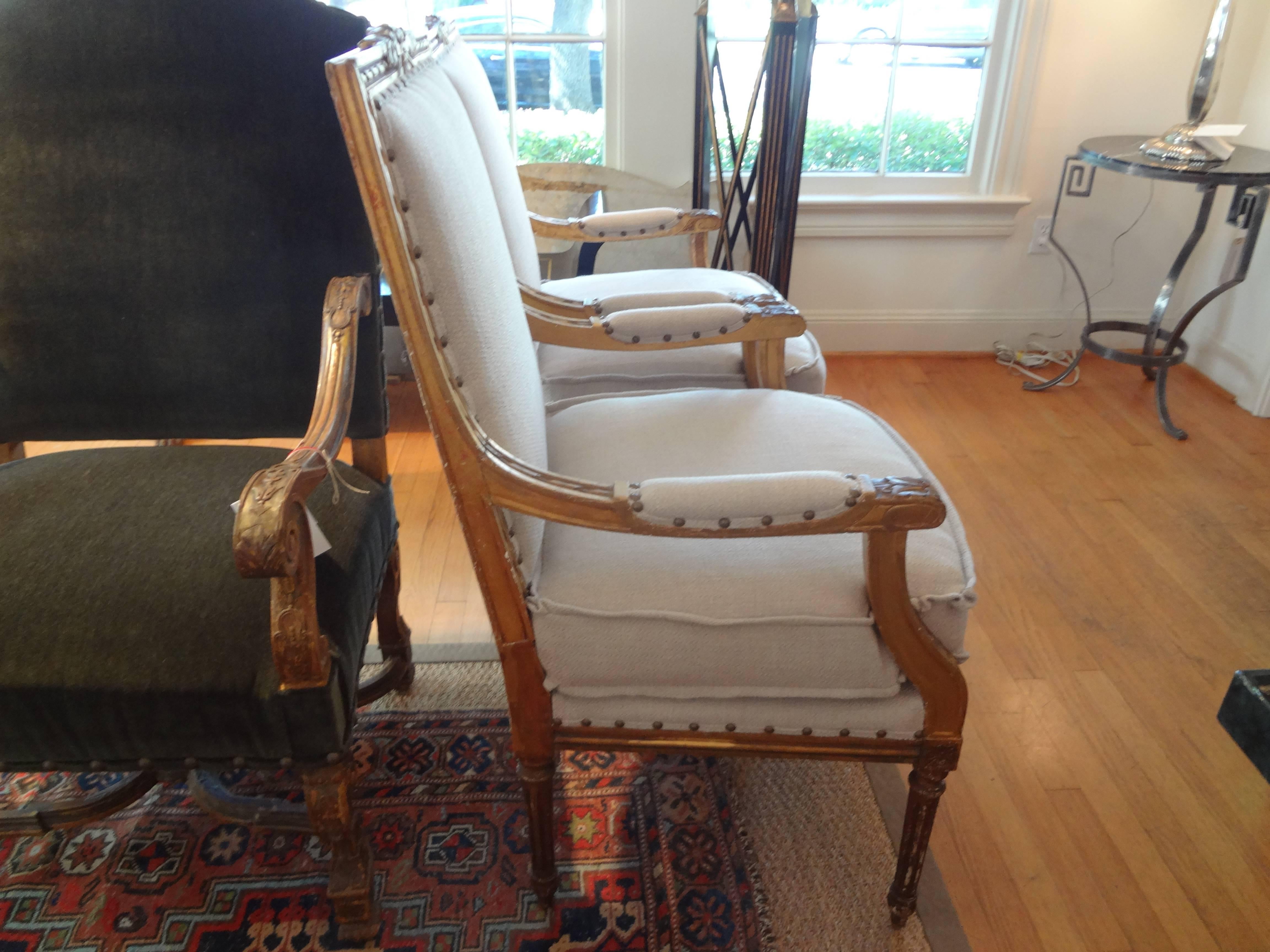 Pair Of Antique French Louis XVI Style Gilt Wood Armchairs In Good Condition In Houston, TX