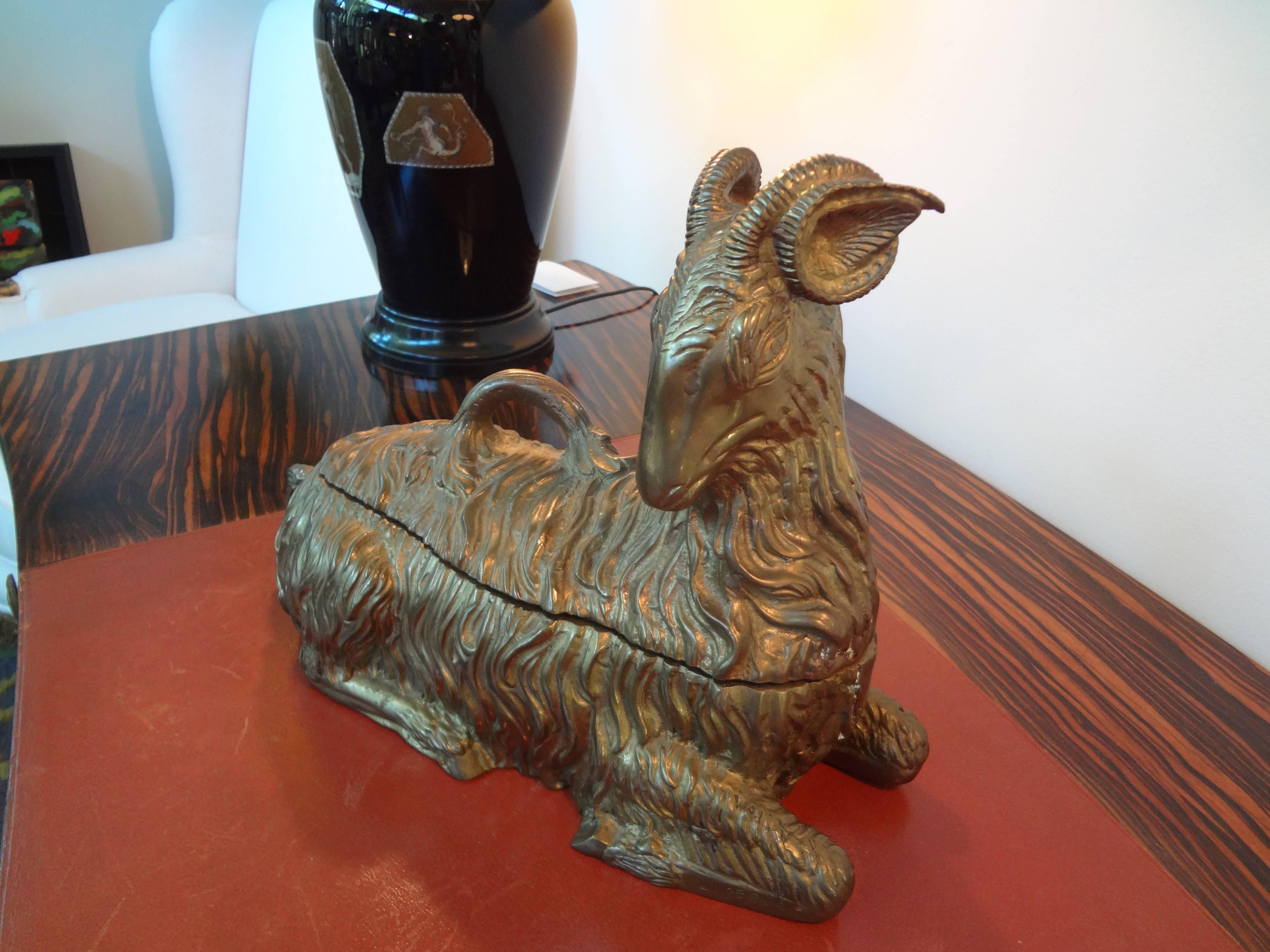 Hollywood Regency Italian Mid Century Gabriella Crespi Style Brass Box In The Shape Of A Ram