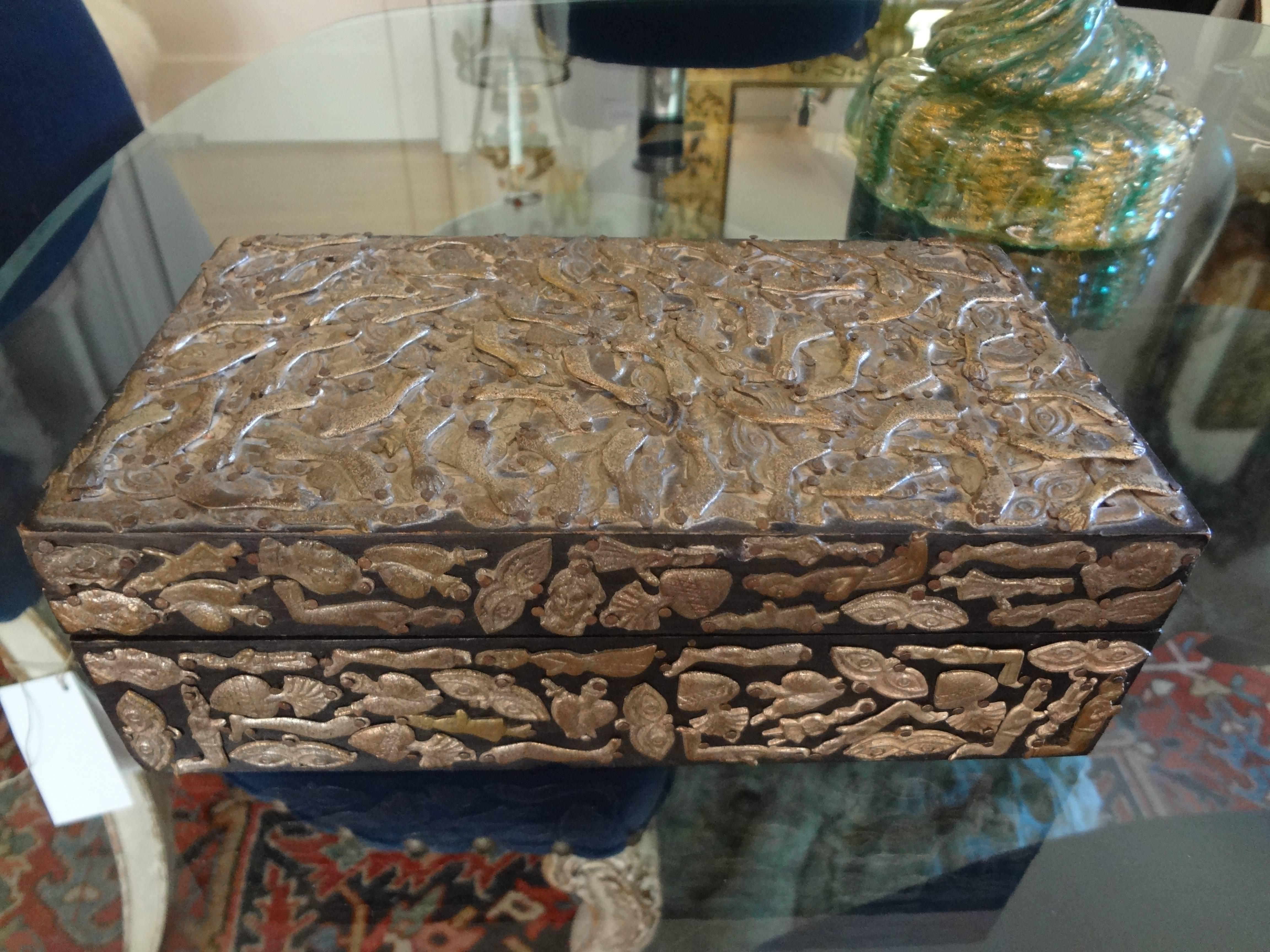 Vintage Mexican Wood Box Embellished with Milagros In Good Condition In Houston, TX