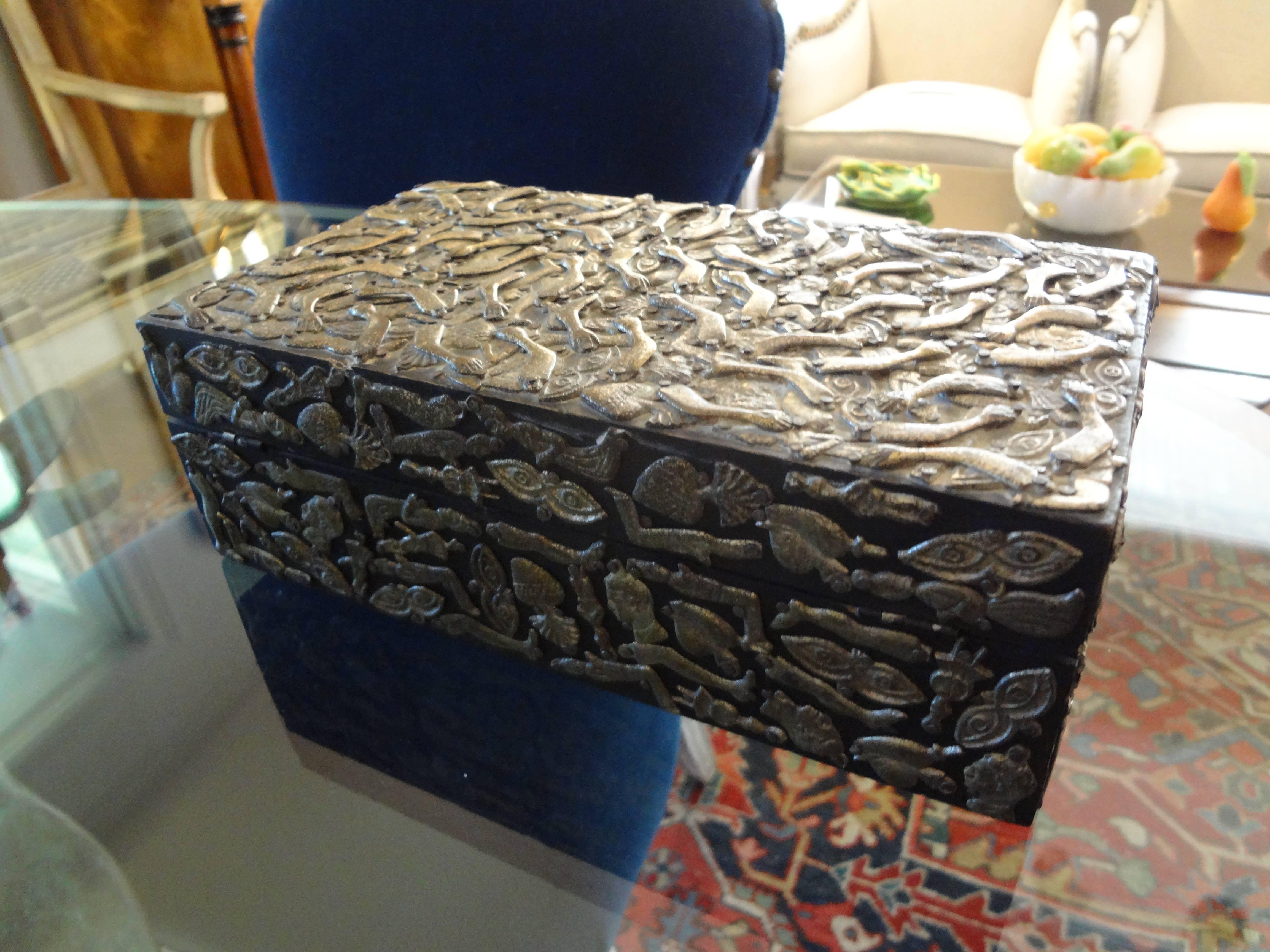 Metal Vintage Mexican Wood Box Embellished with Milagros