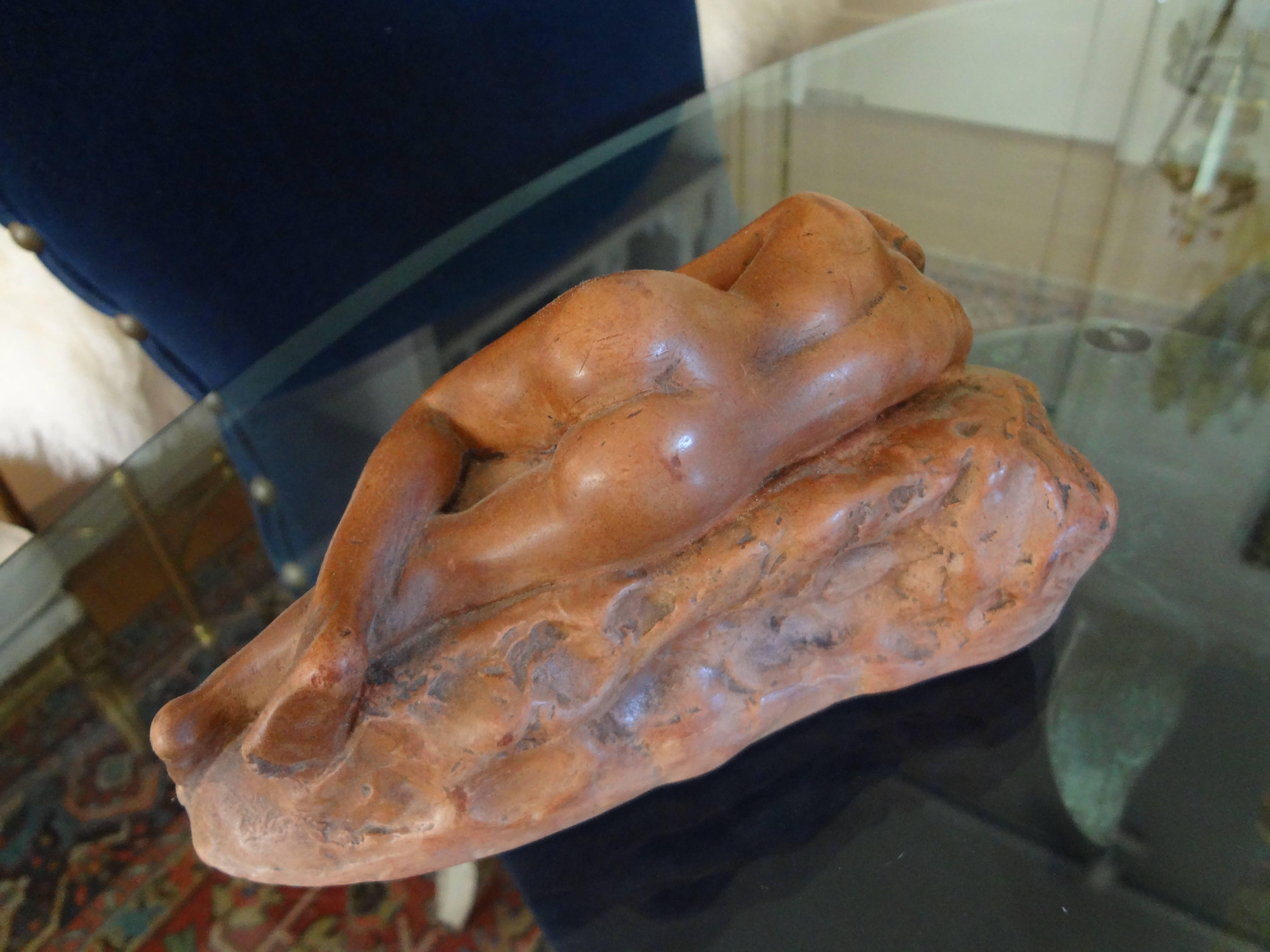 Antique French Patinated Terracotta Nude Sculpture In Good Condition In Houston, TX