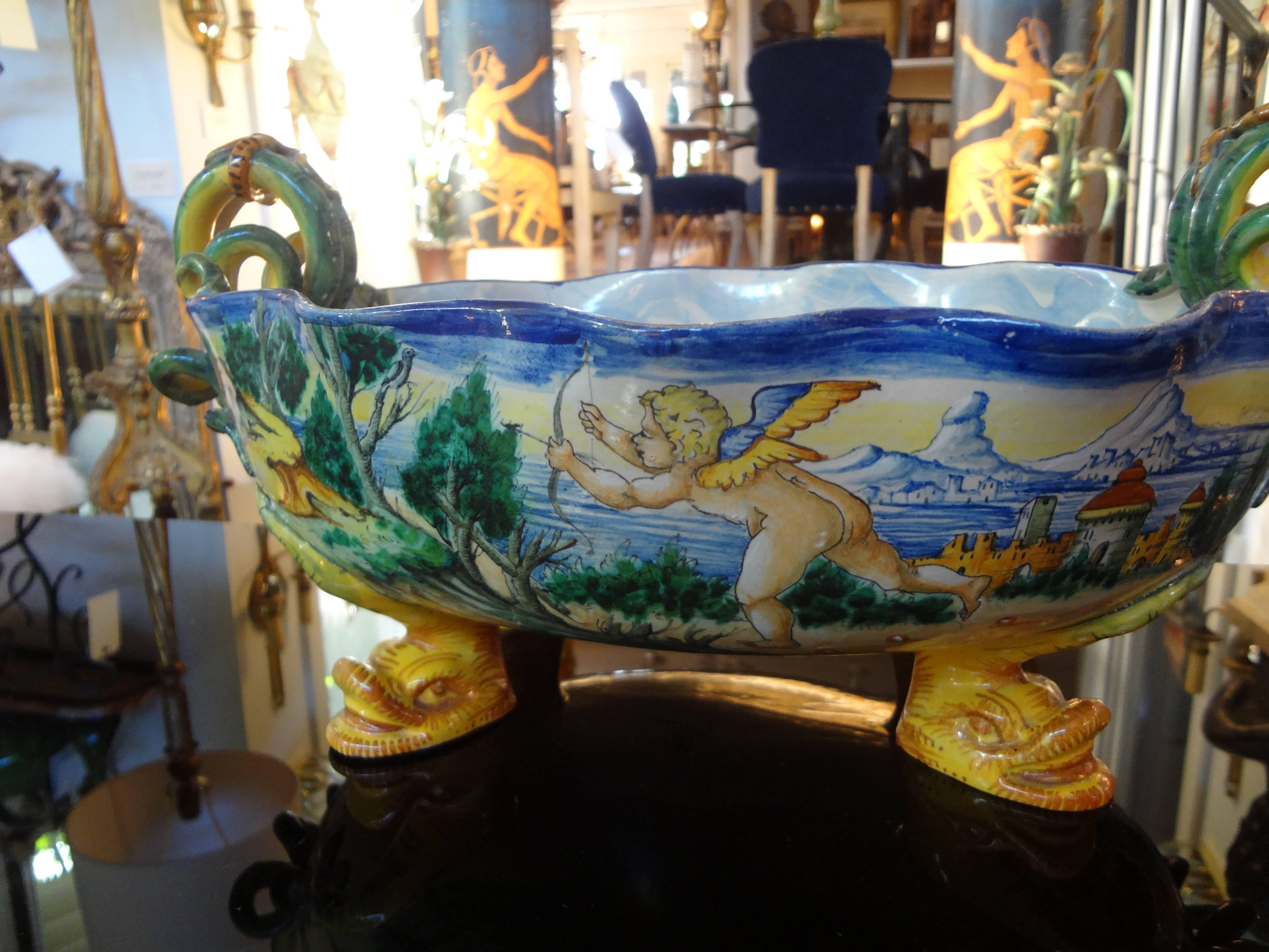 Antique Italian Hand-Painted Faience Majolica Bowl In Good Condition In Houston, TX