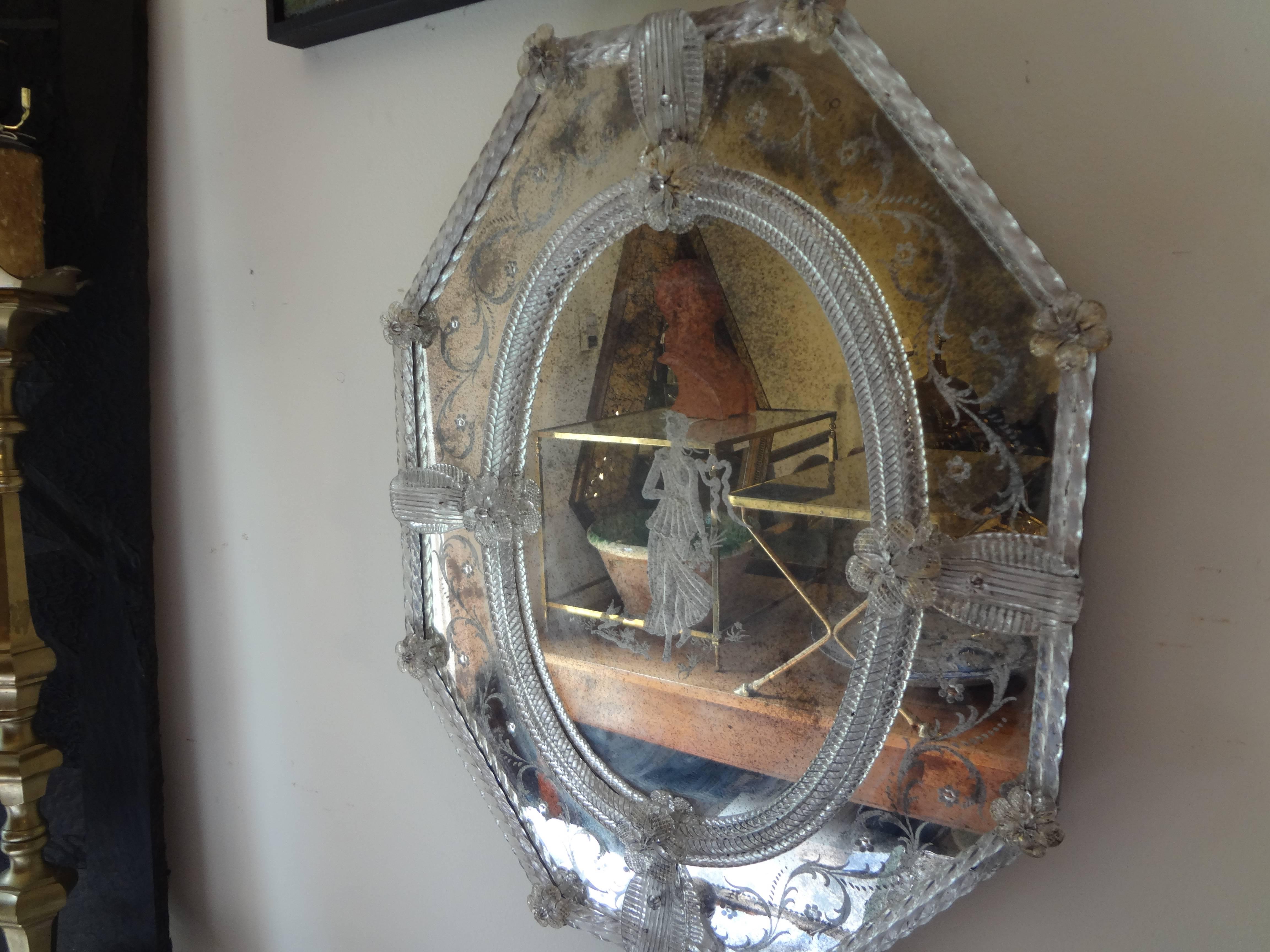 Antique Octagonal Etched Venetian Glass Mirror 1