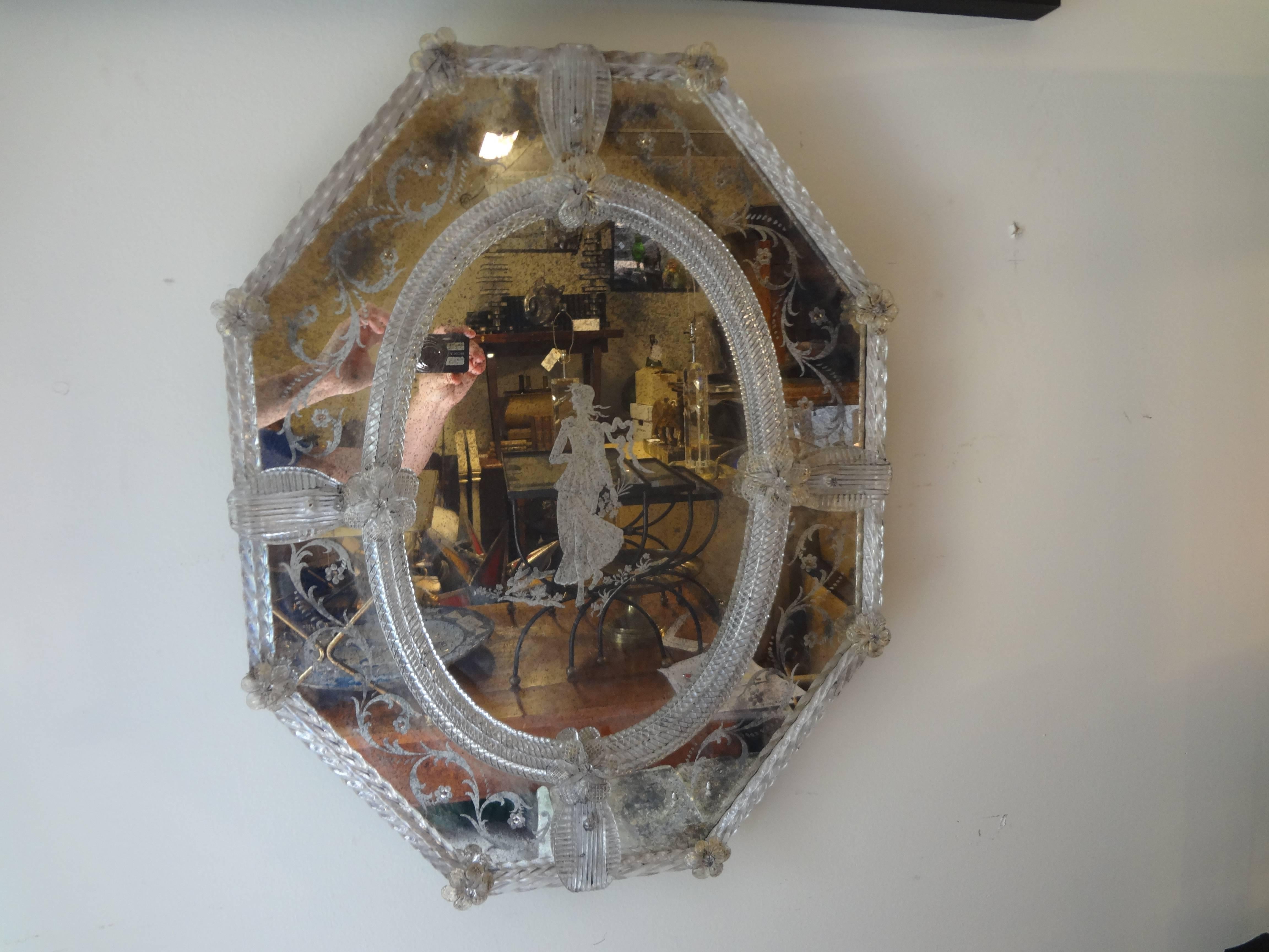 Antique Octagonal Etched Venetian Glass Mirror 2