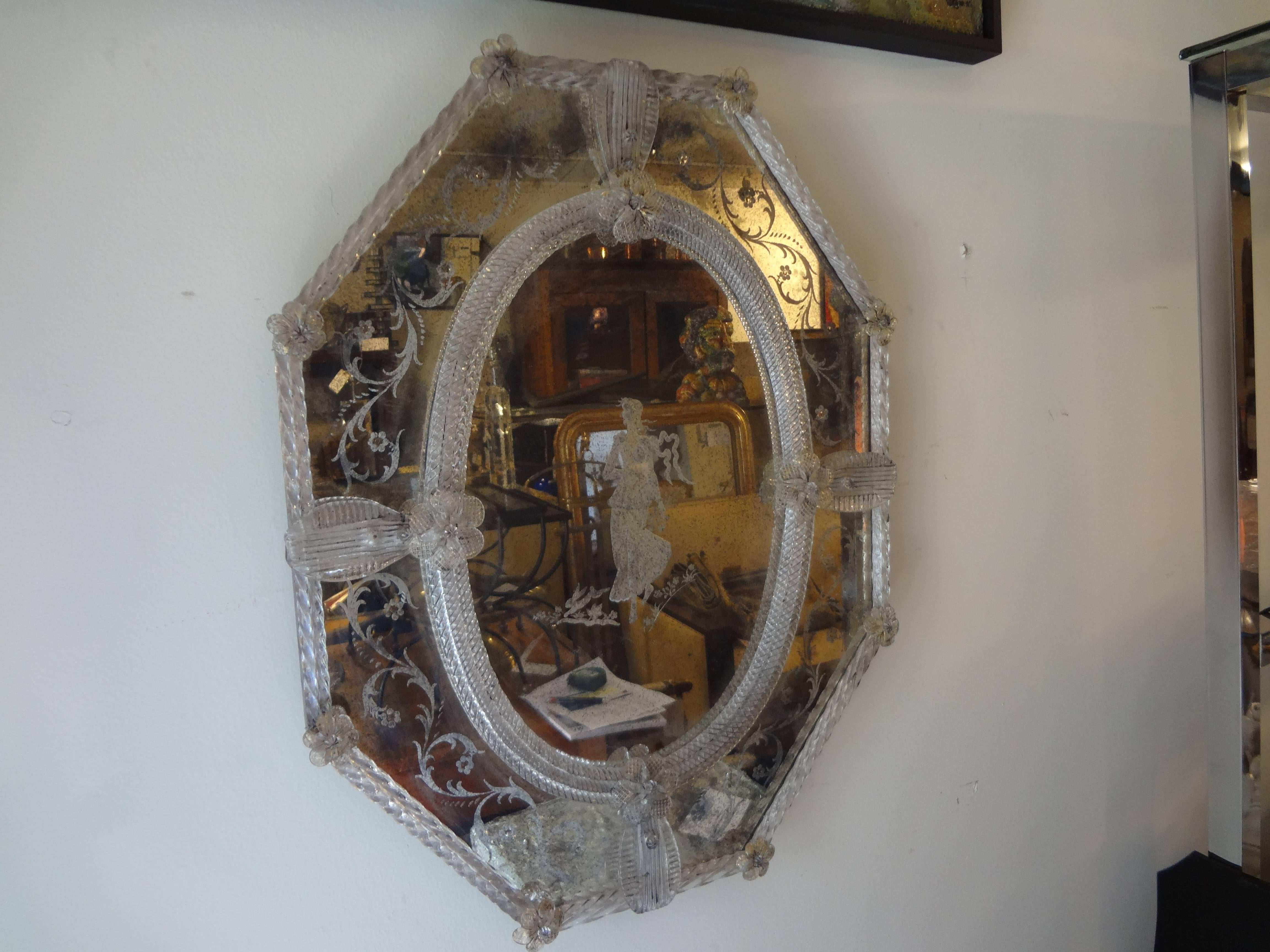 Antique Octagonal Etched Venetian Glass Mirror 3