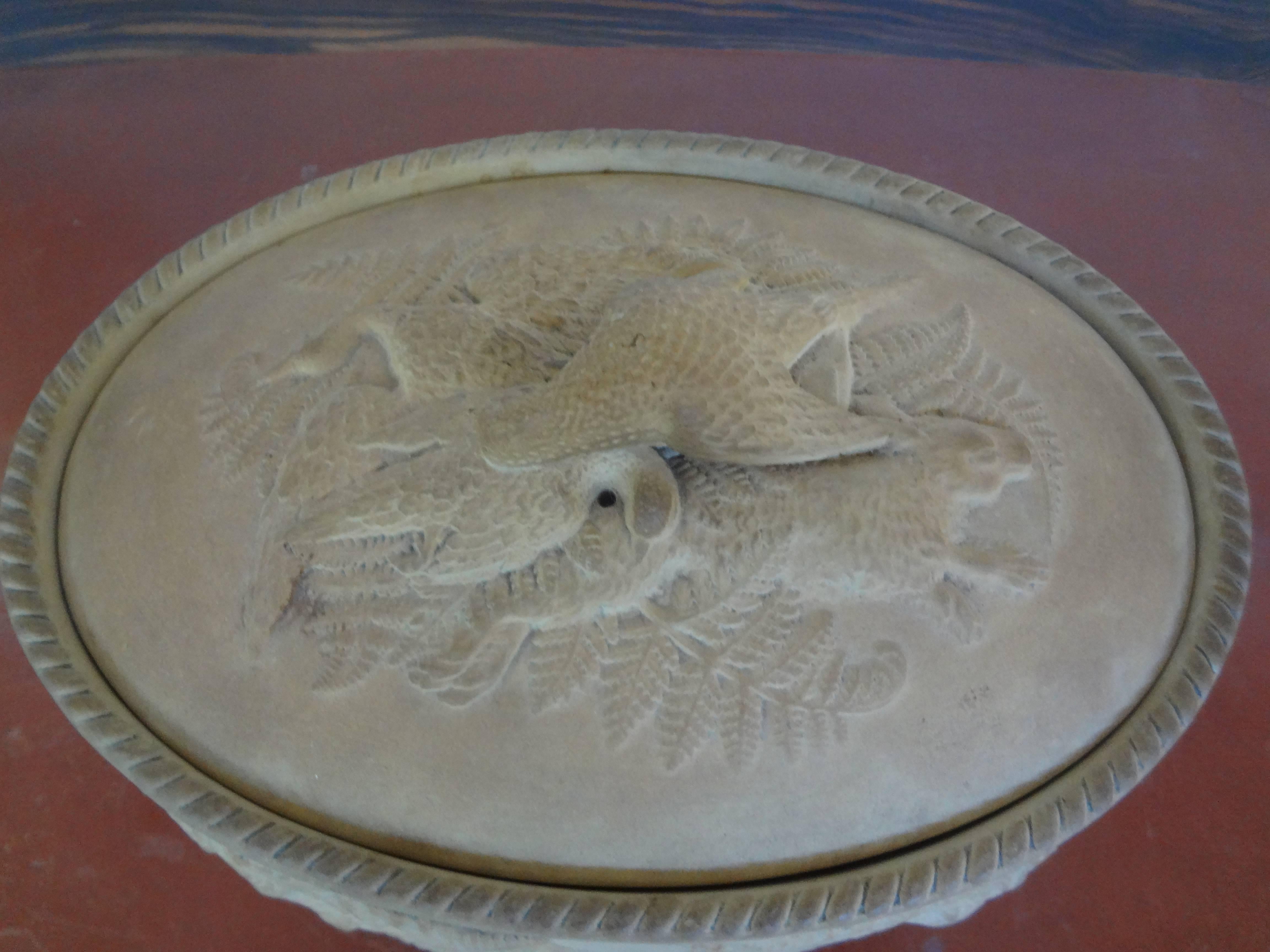 Gorgeous 19th century French Napoleon III caneware game pie dish or tureen with lid and original liner adorned with fowl. Game pie dishes were used in the French countryside as serving pieces for meals prepared using newly caught game.