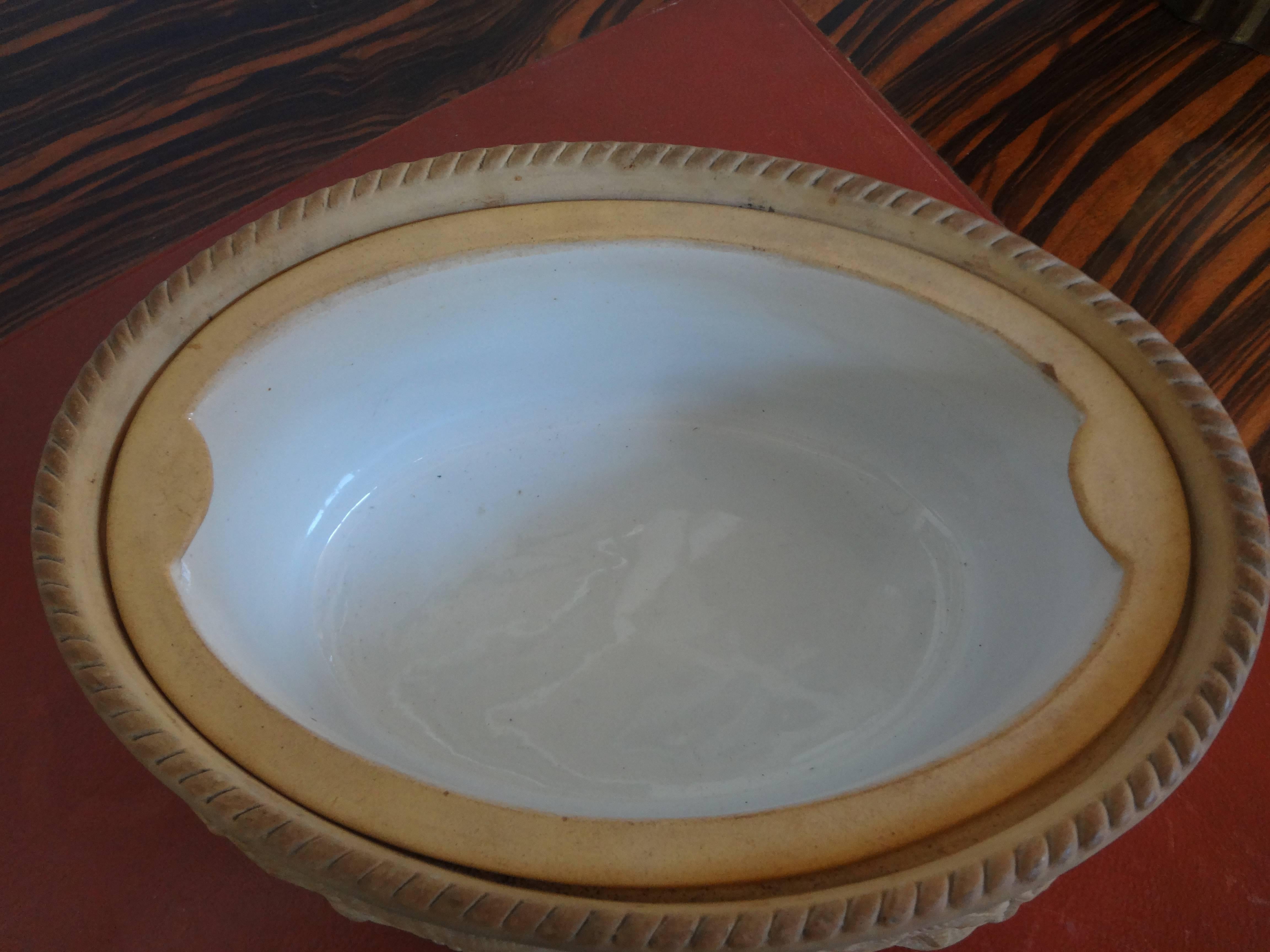 Faience Antique French Caneware Game Pie Dish with Liner For Sale
