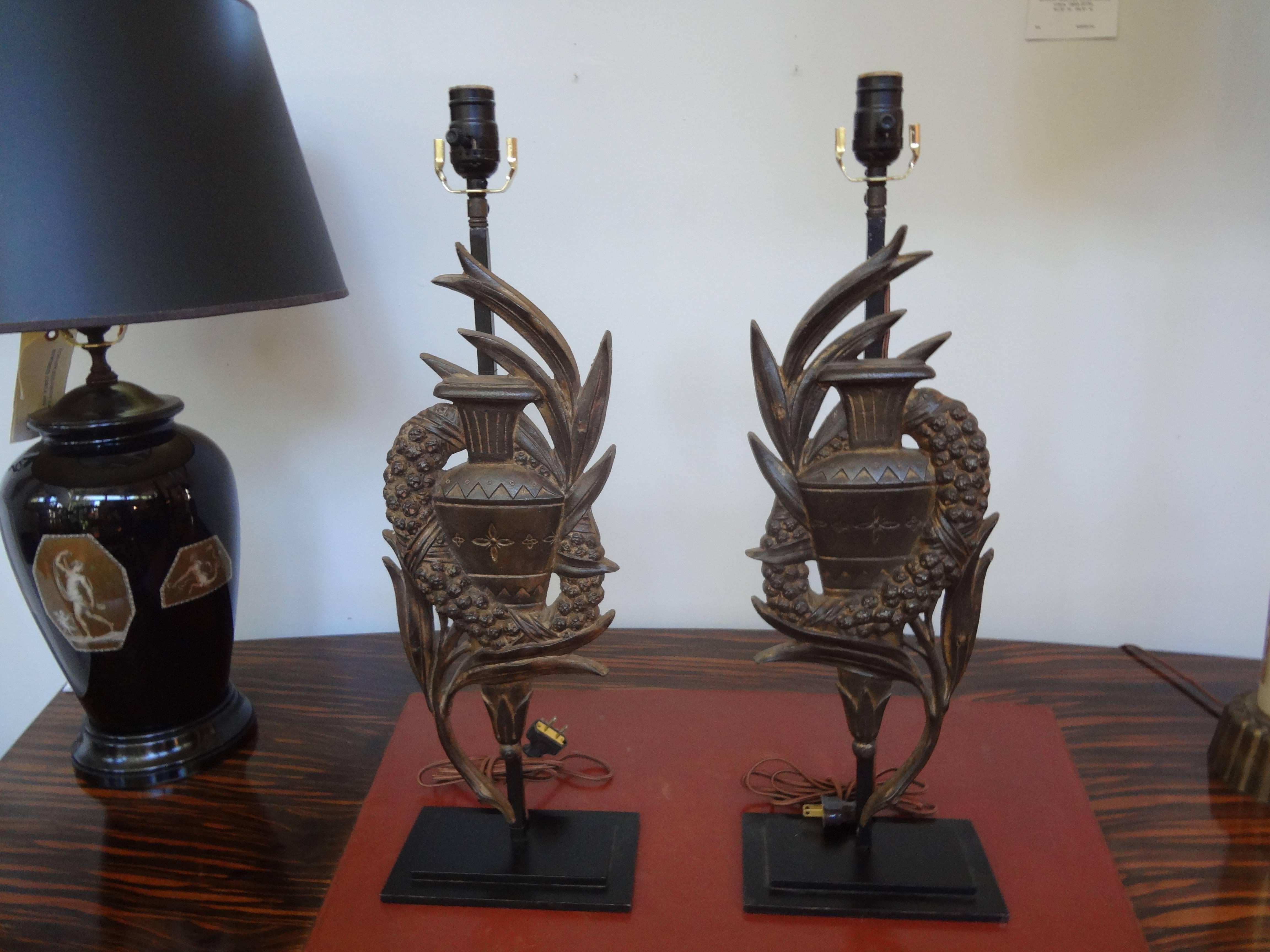 Pair of Antique French Neoclassical Iron Architectural Fragment Lamps In Good Condition In Houston, TX