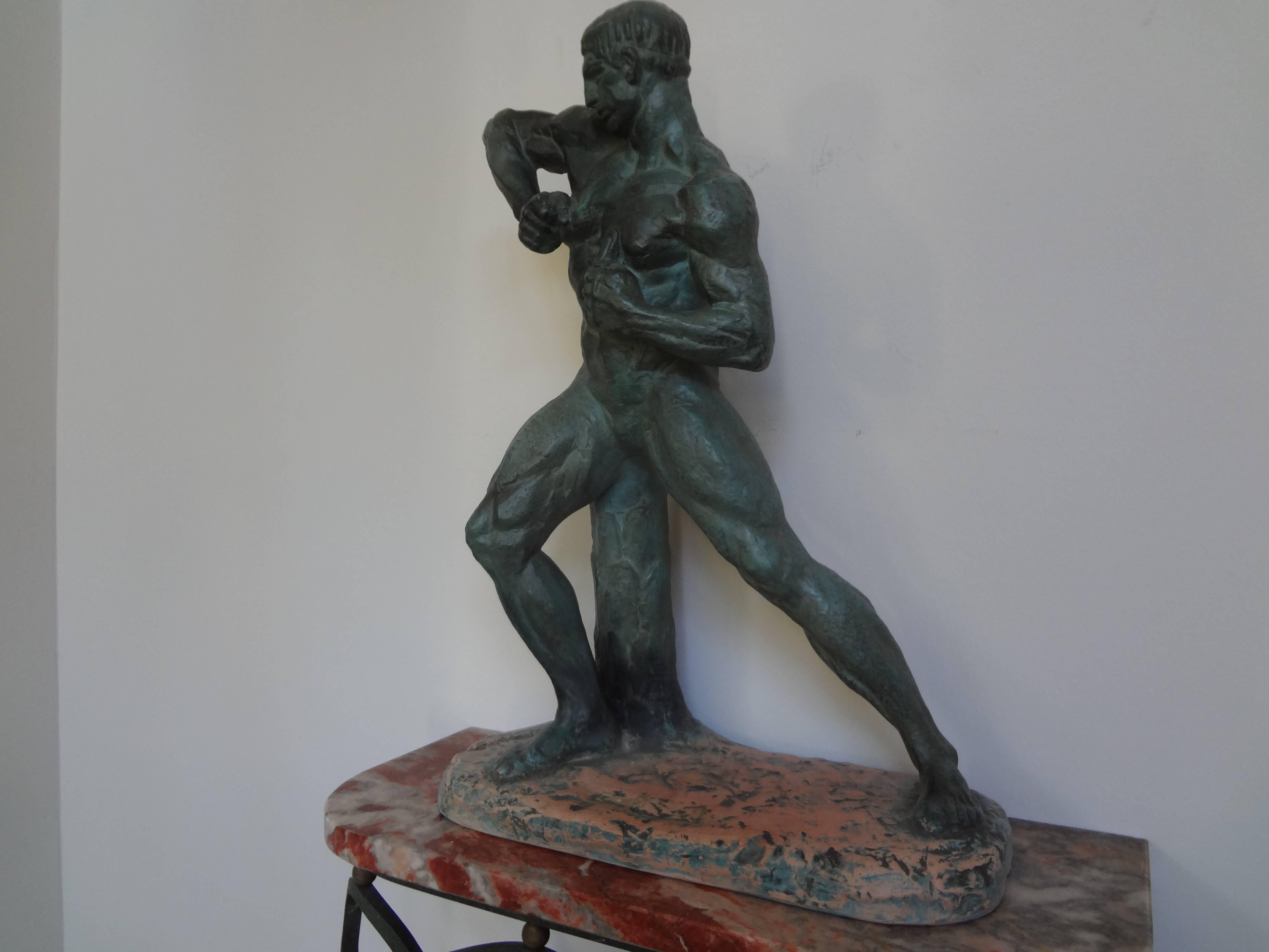 Französische, Art-Déco-Terrakotta- Athleten-Skulptur aus Terrakotta von Bargas im Angebot 1