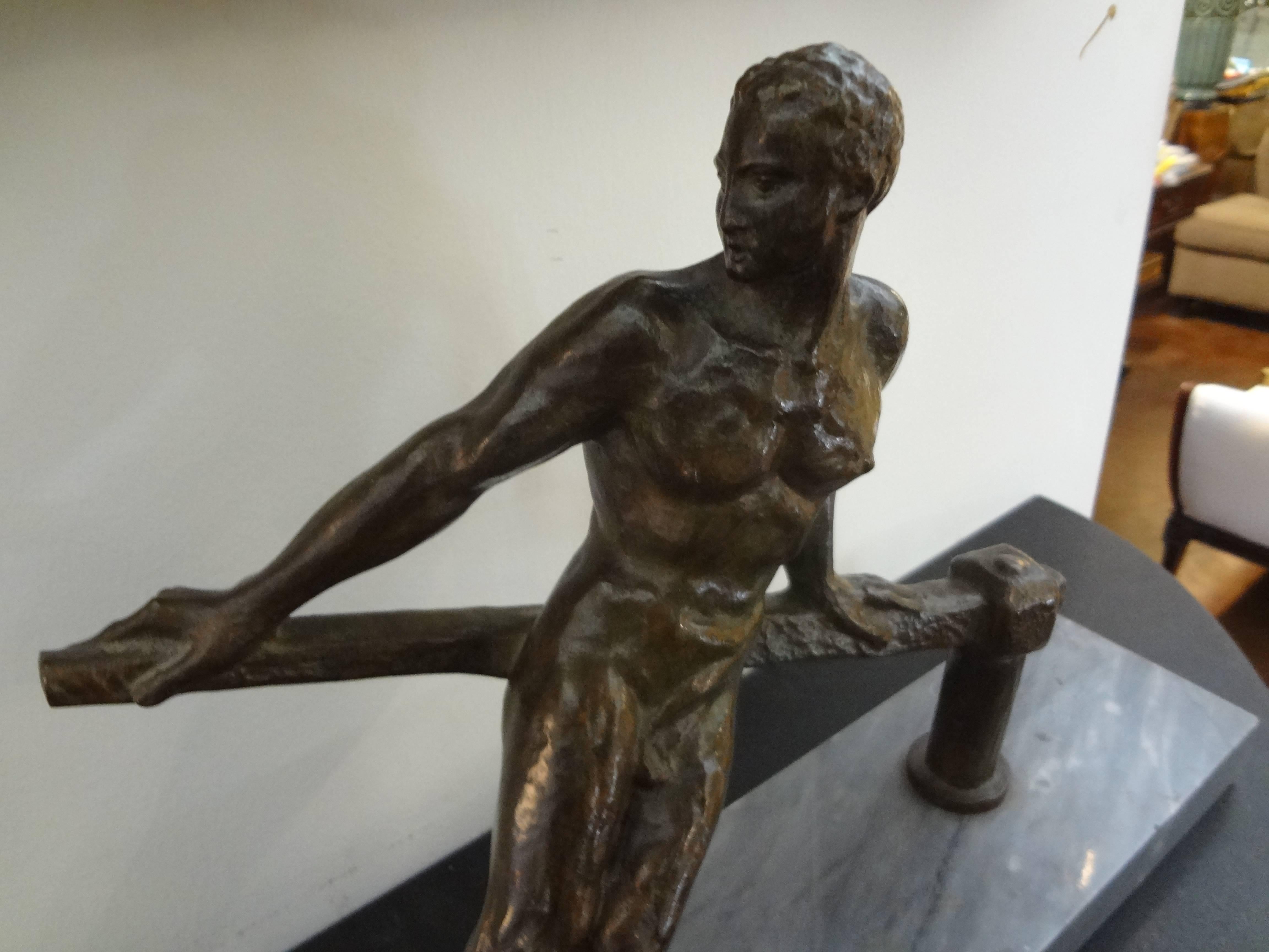 French Art Deco Bronze Male Sculpture On Marble Base, Signed Fugère In Good Condition In Houston, TX