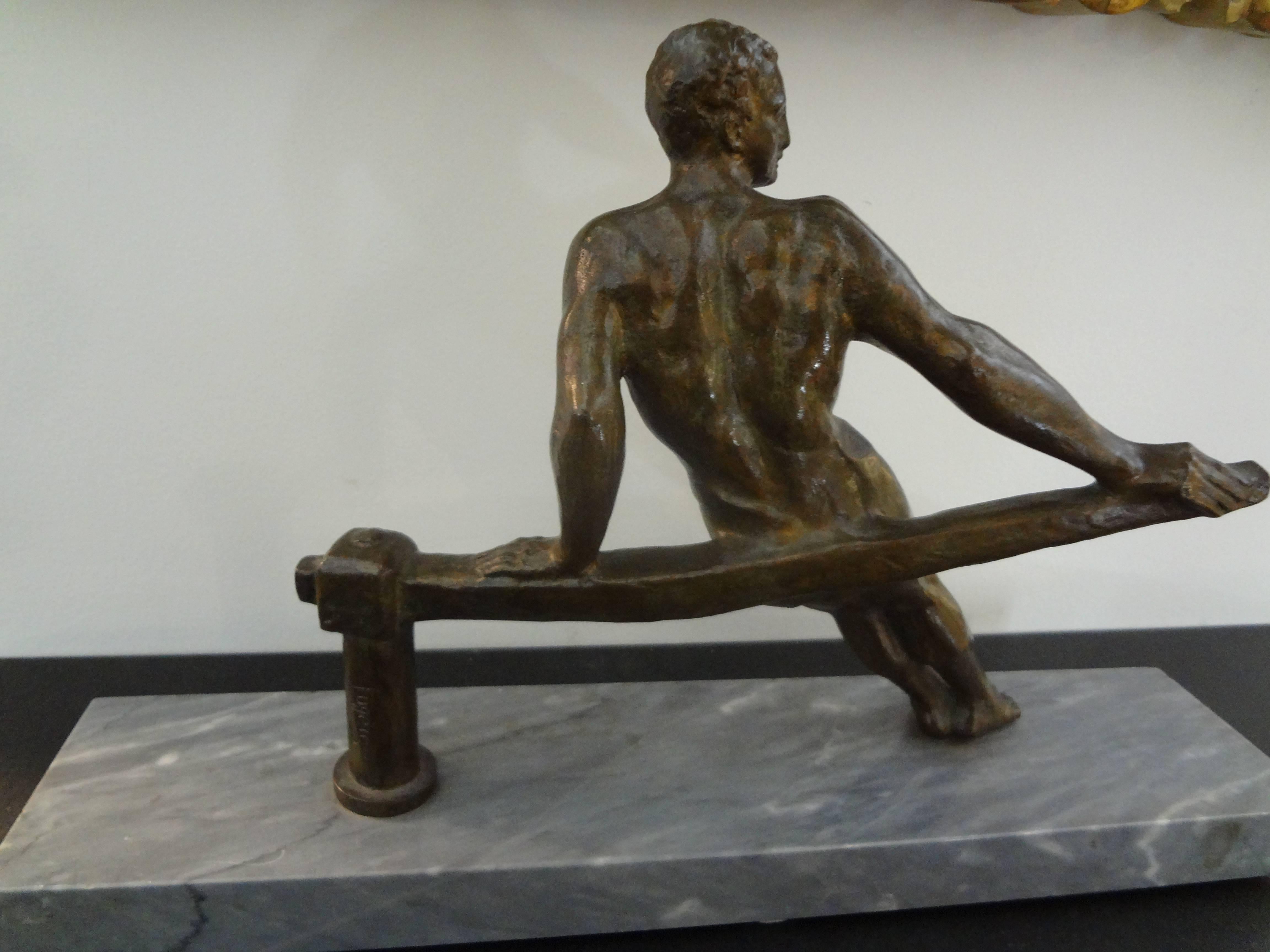 French Art Deco Bronze Male Sculpture On Marble Base, Signed Fugère 1