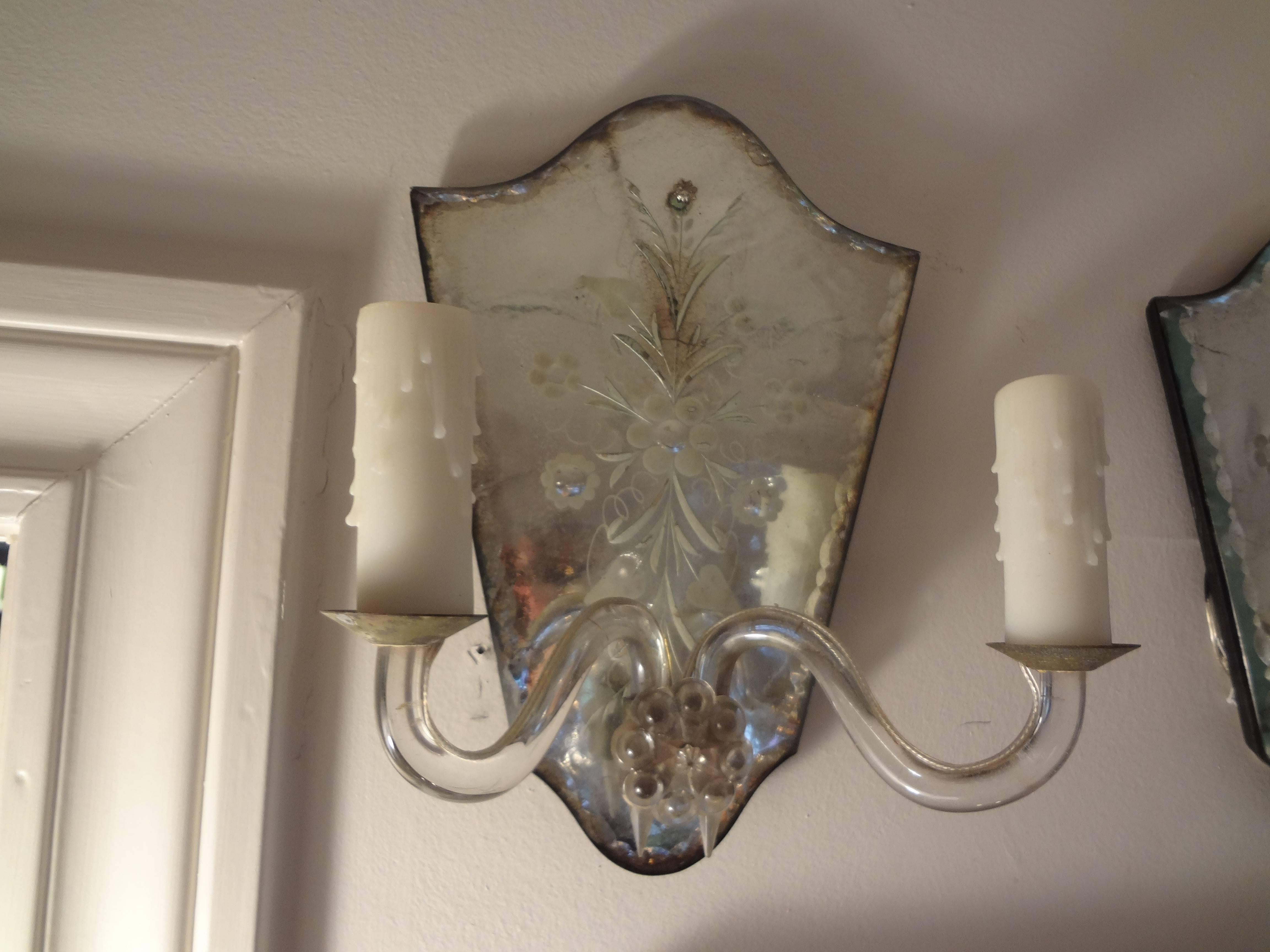 Lovely pair of vintage Italian etched glass two-light wall sconces. This pair of Venetian sconces are newly wired for U.S. market and date to 1940-1950.
