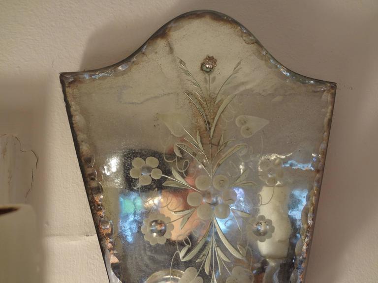 Italian Pair of Venetian Etched Mirrored Sconces For Sale