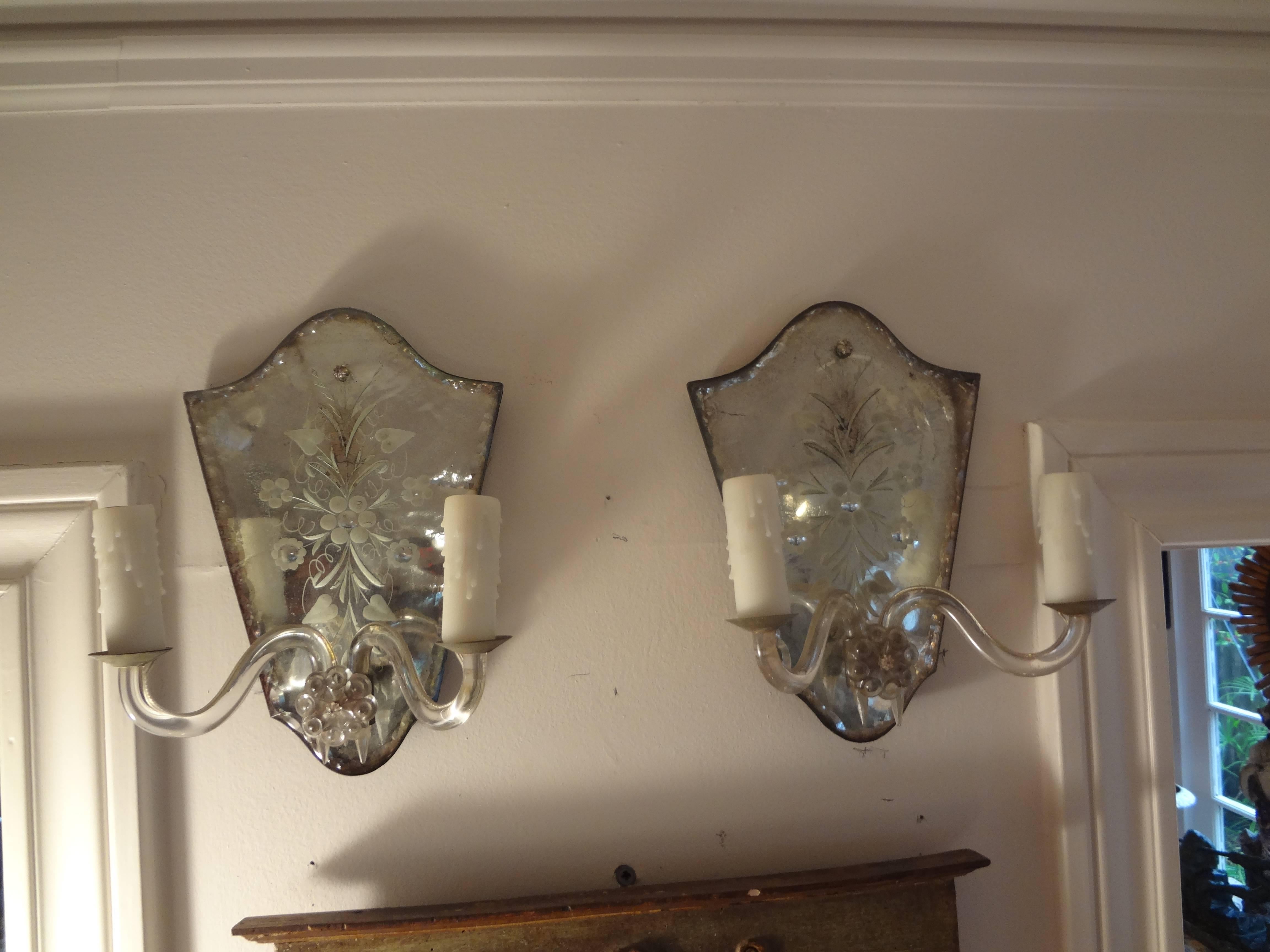 Pair of Venetian Etched Mirrored Sconces 1