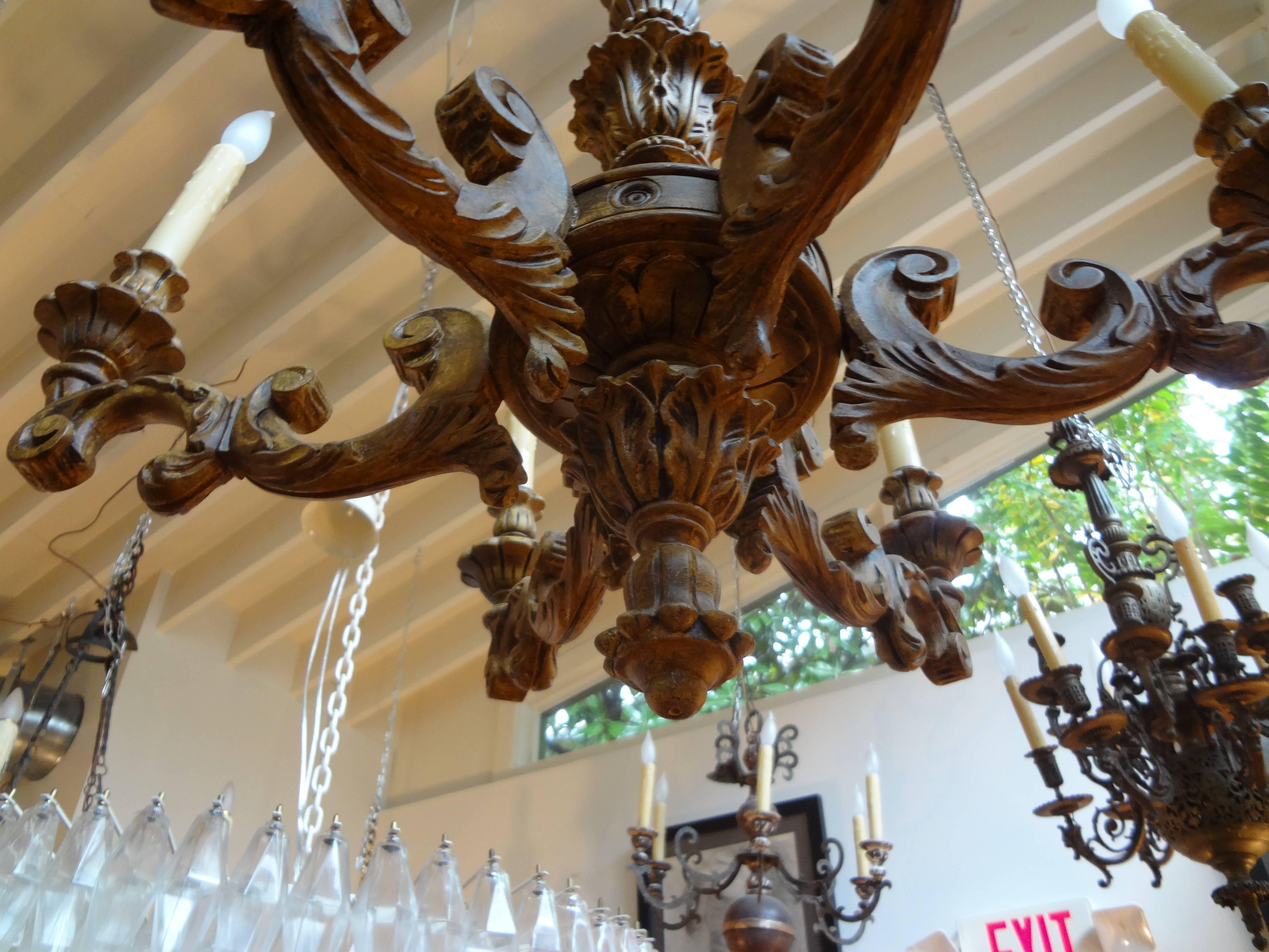 Baroque Antique Italian Six-Arm Carved Wood Chandelier
