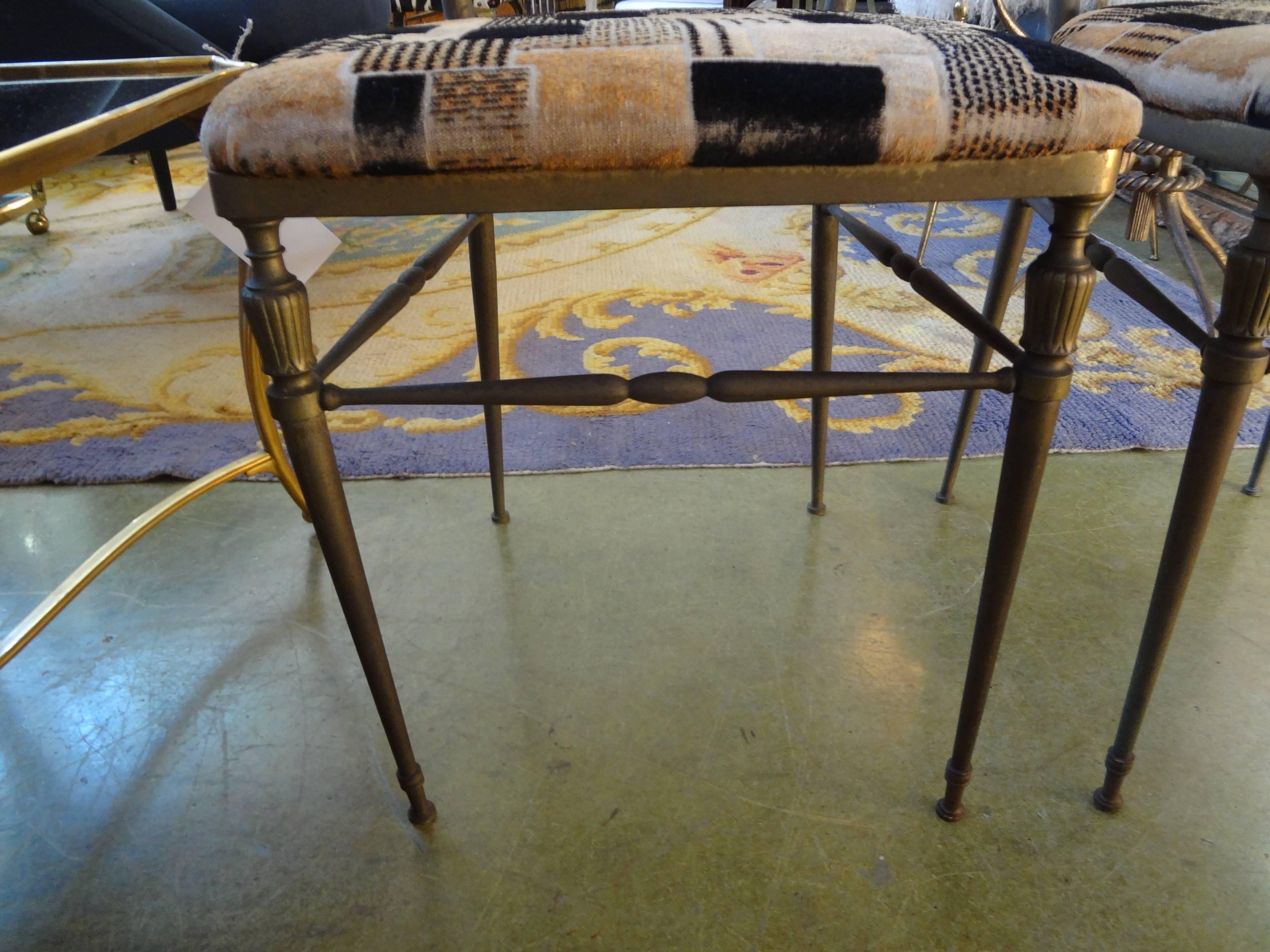 Matching pair of tall  Italian brass Chiavari chairs with aged patina.
We love the patina, but they could be polished if desired.