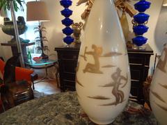 Pair of Midcentury White Glass Lamps with Abstract Gilt Decoration