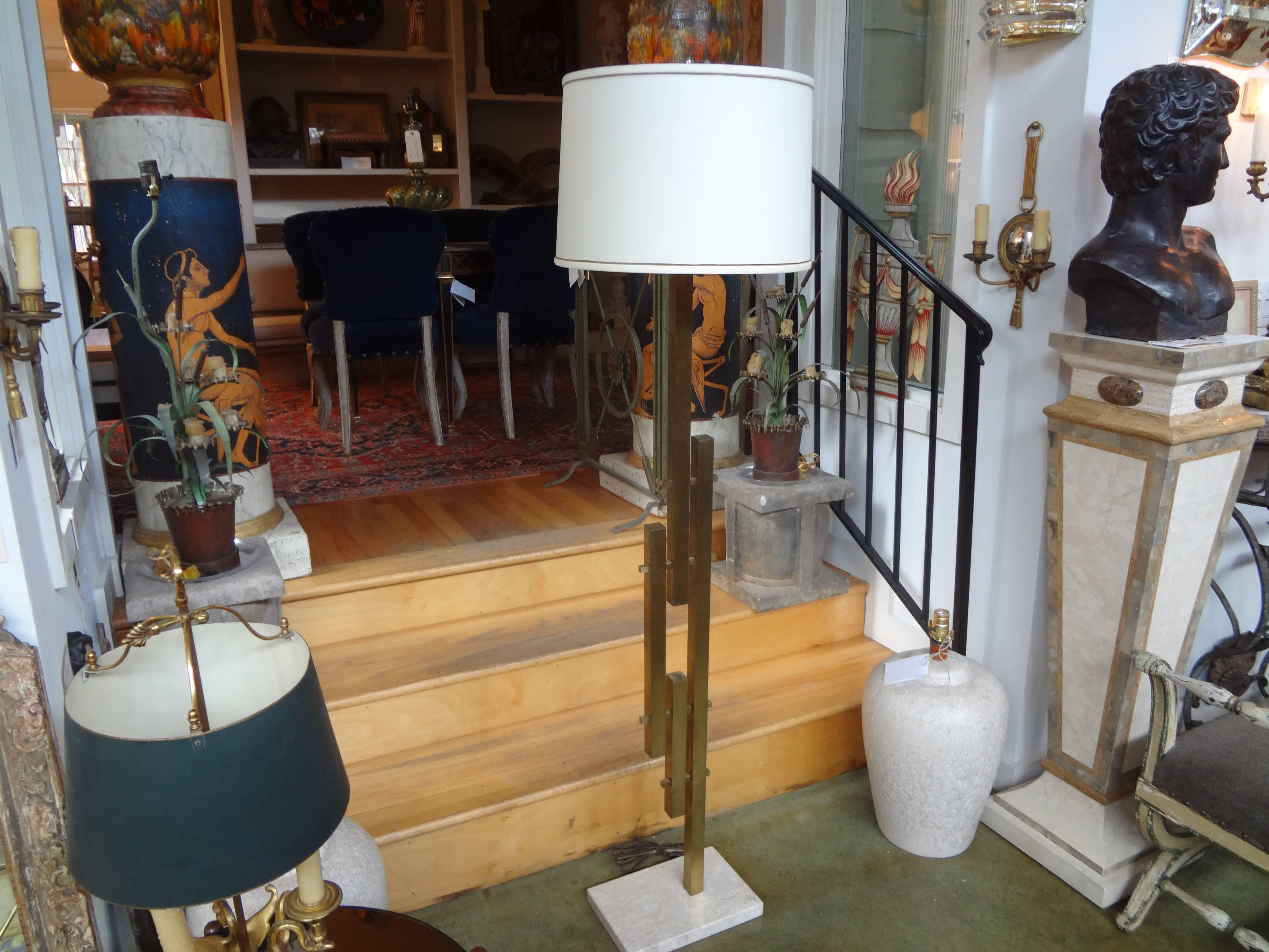 Bronze Italian Modernist Sciolari Style Brass Floor Lamp on Marble Base