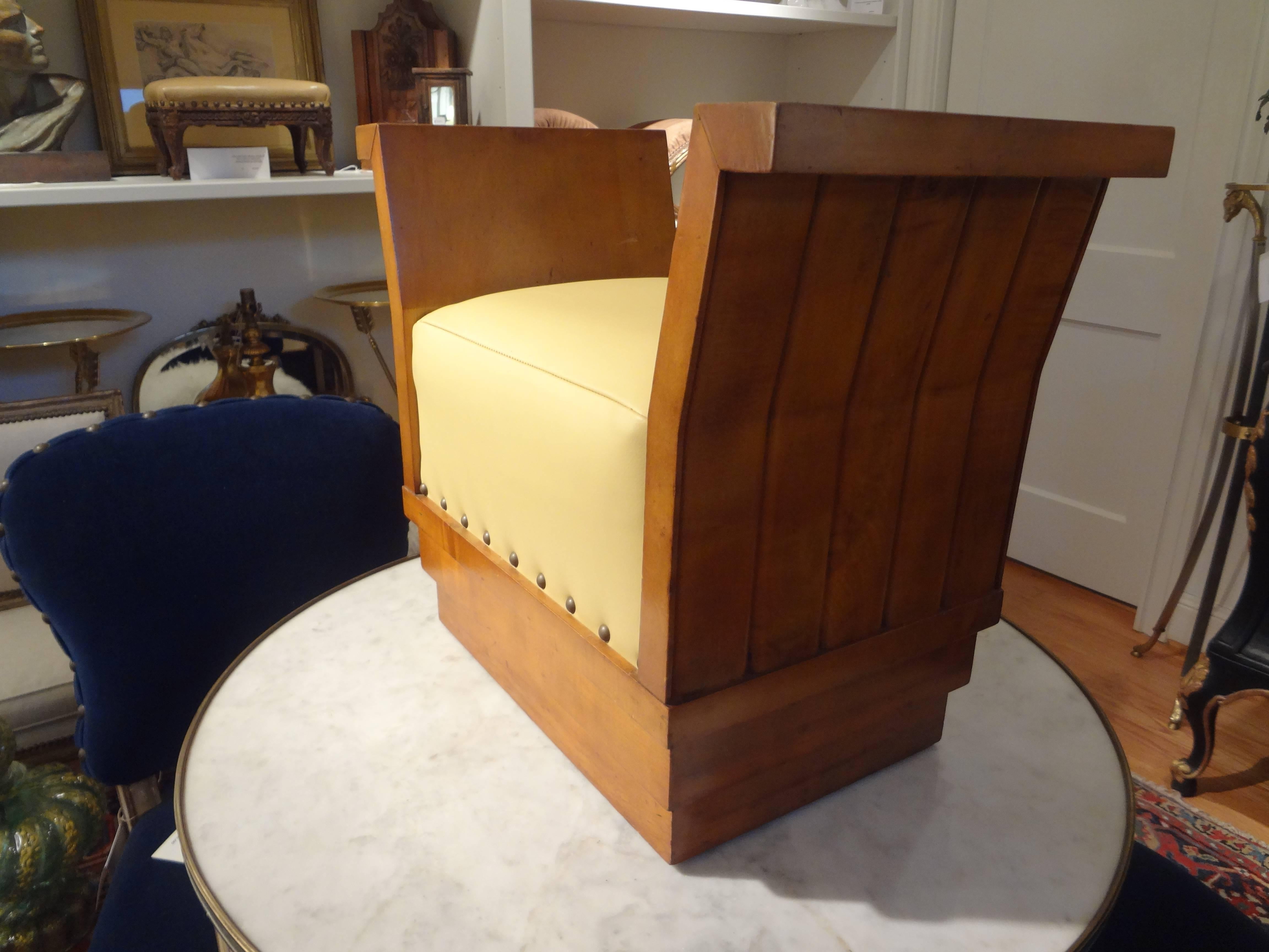 French Art Deco Geometric Ottoman Upholstered in Leather In Good Condition In Houston, TX