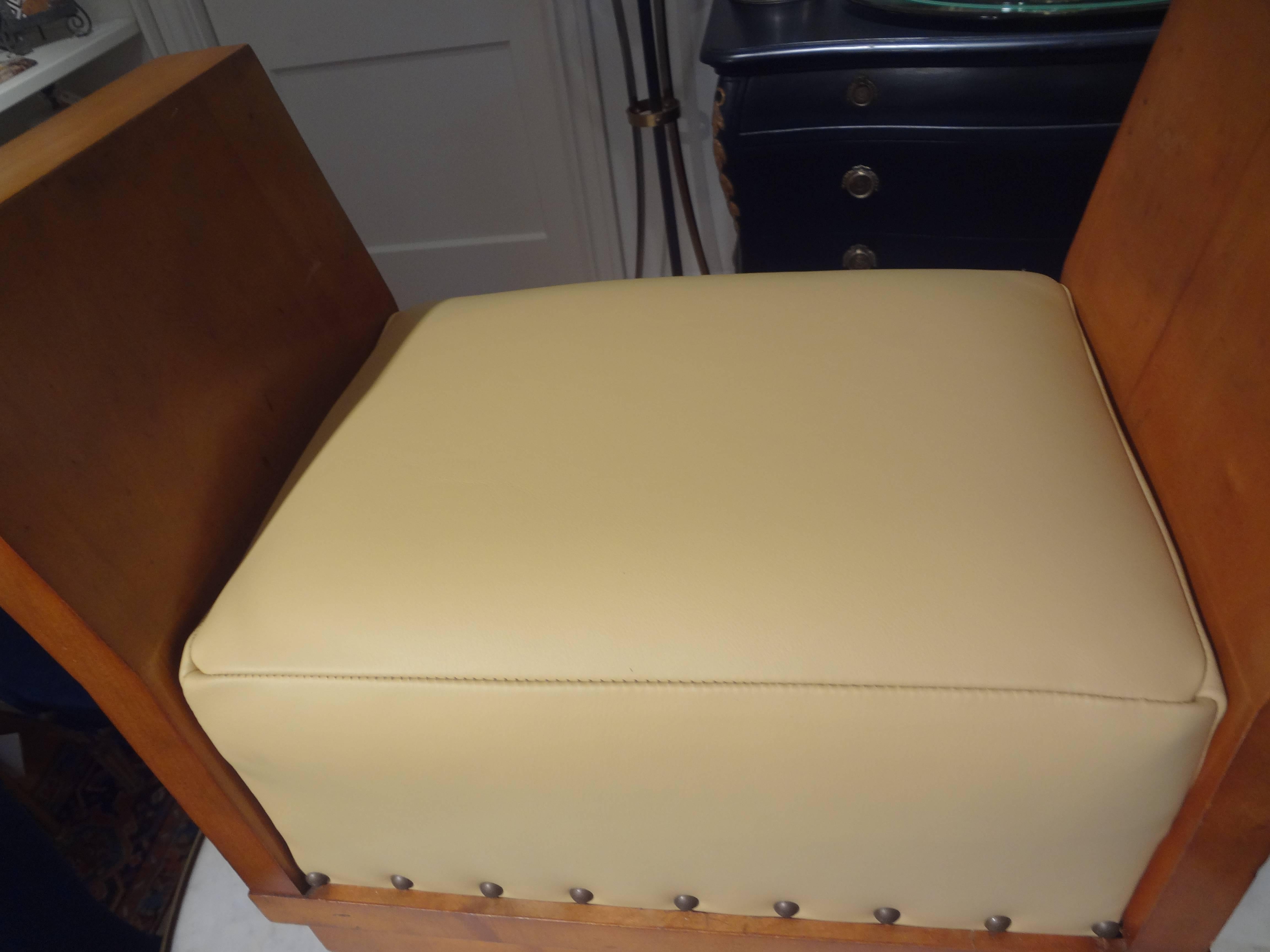 Early 20th Century French Art Deco Geometric Ottoman Upholstered in Leather