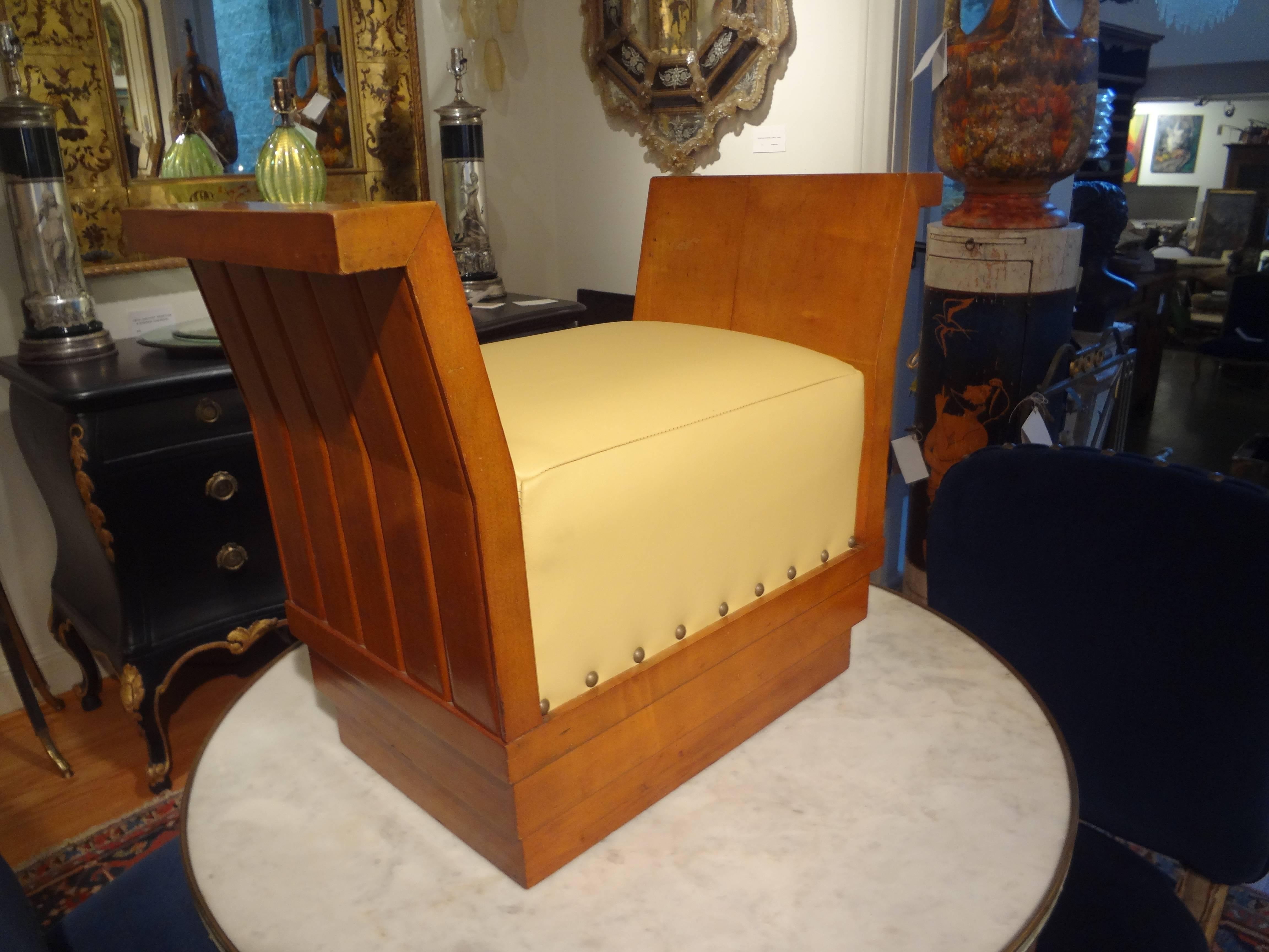 Wood French Art Deco Geometric Ottoman Upholstered in Leather