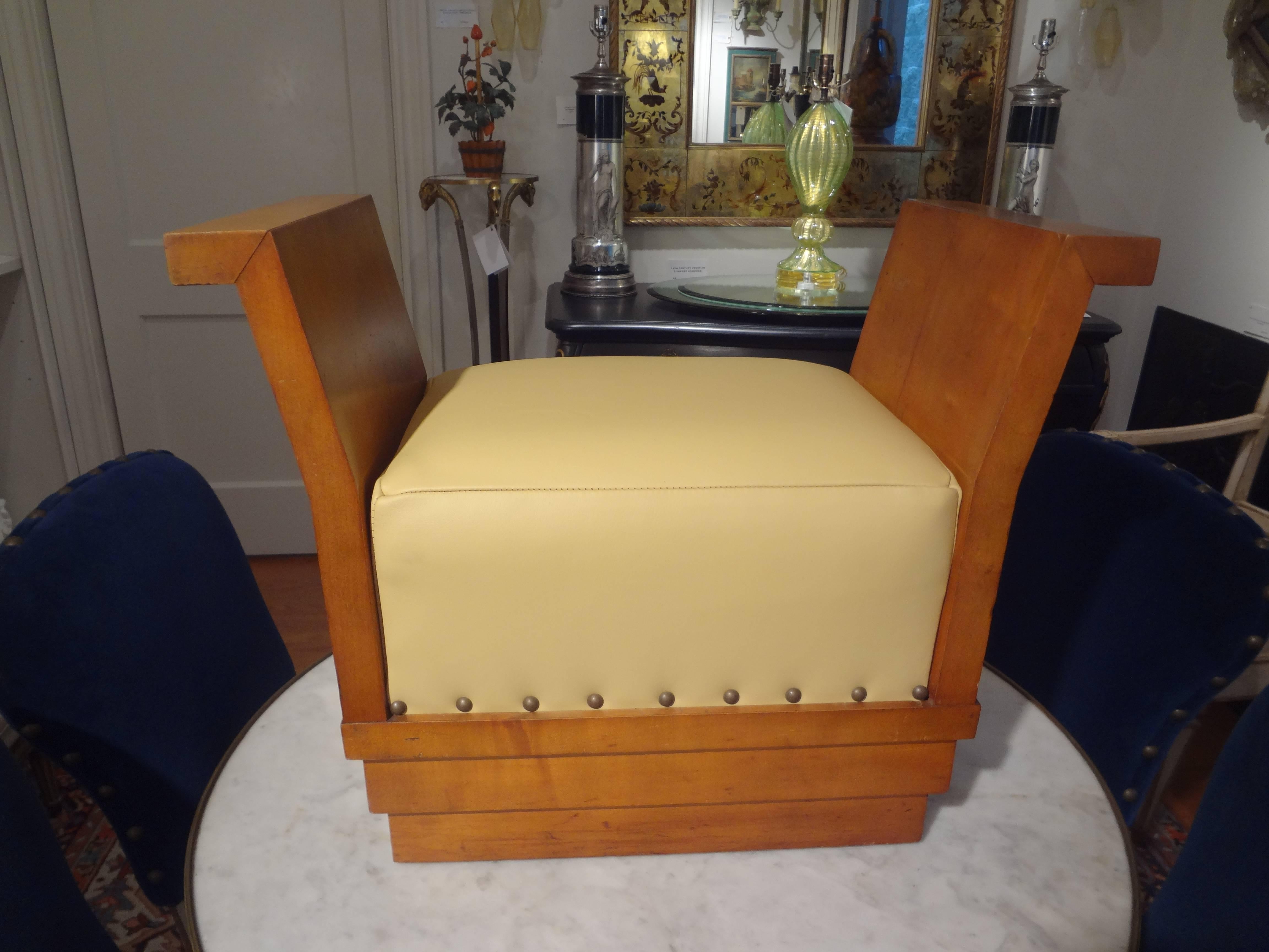 French Art Deco Geometric Ottoman Upholstered in Leather 1