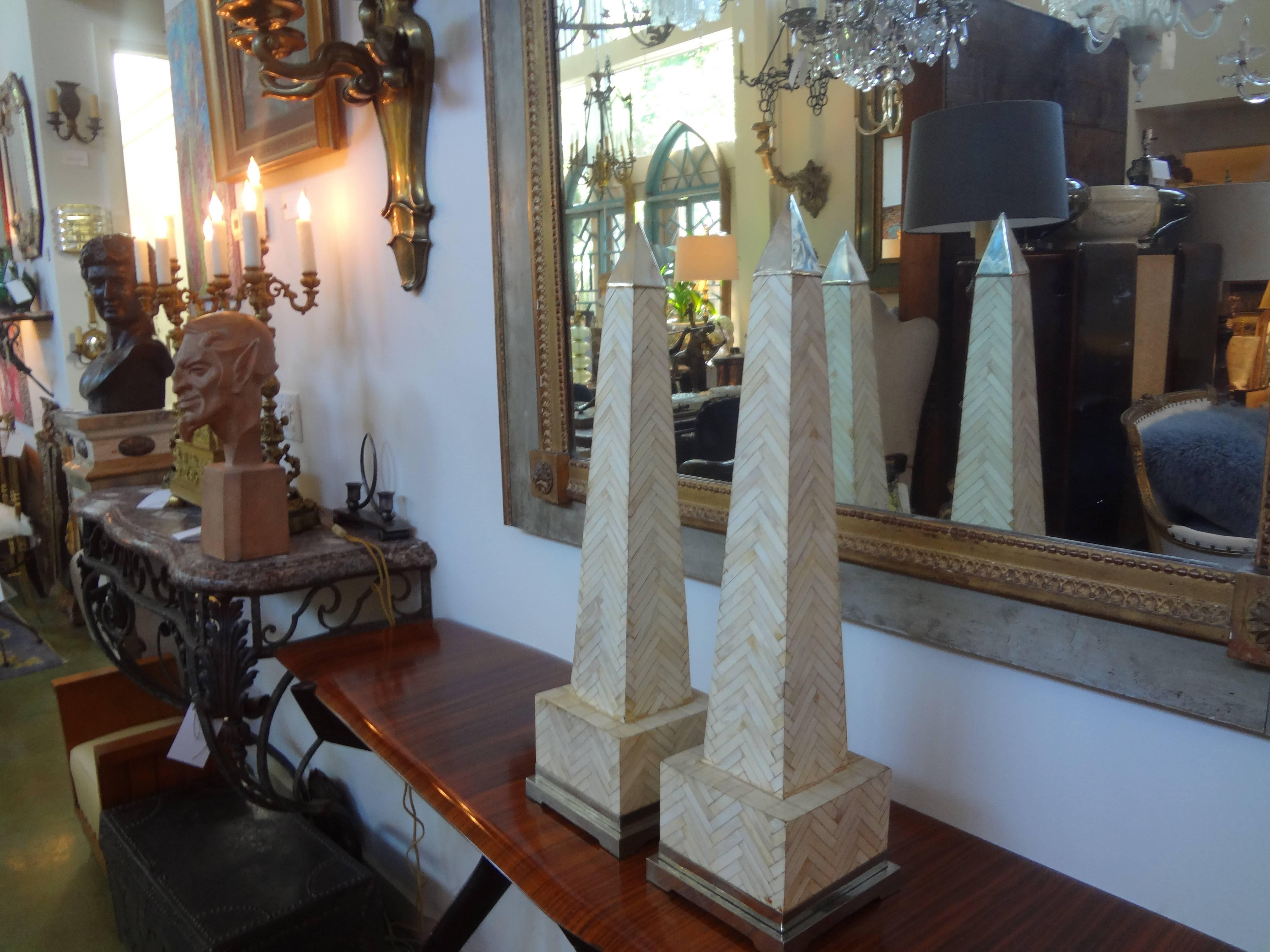 Mid-Century Modern Pair of Tessellated Bone Obelisks with Silver Plate Bases and Caps