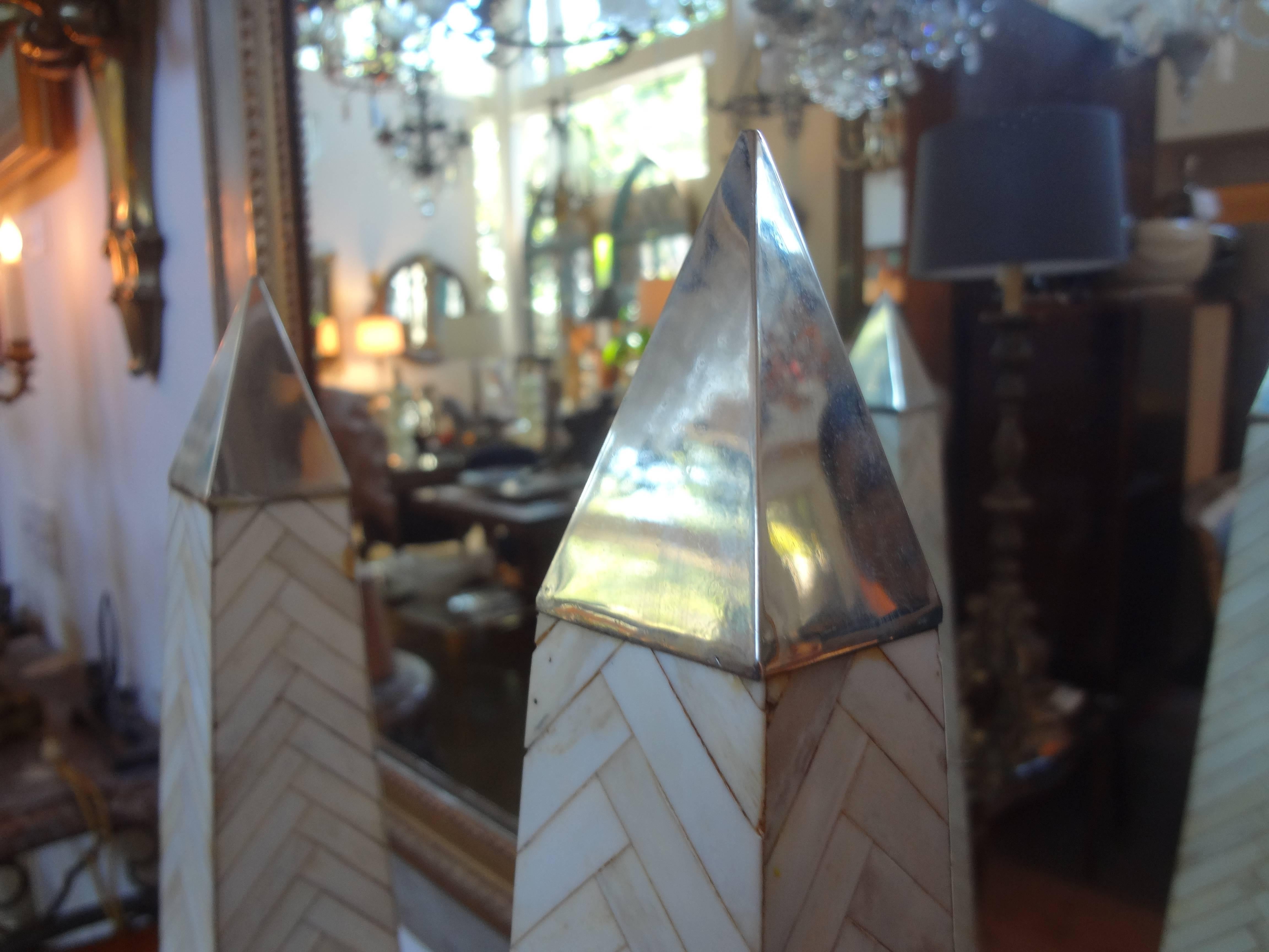 Unknown Pair of Tessellated Bone Obelisks with Silver Plate Bases and Caps