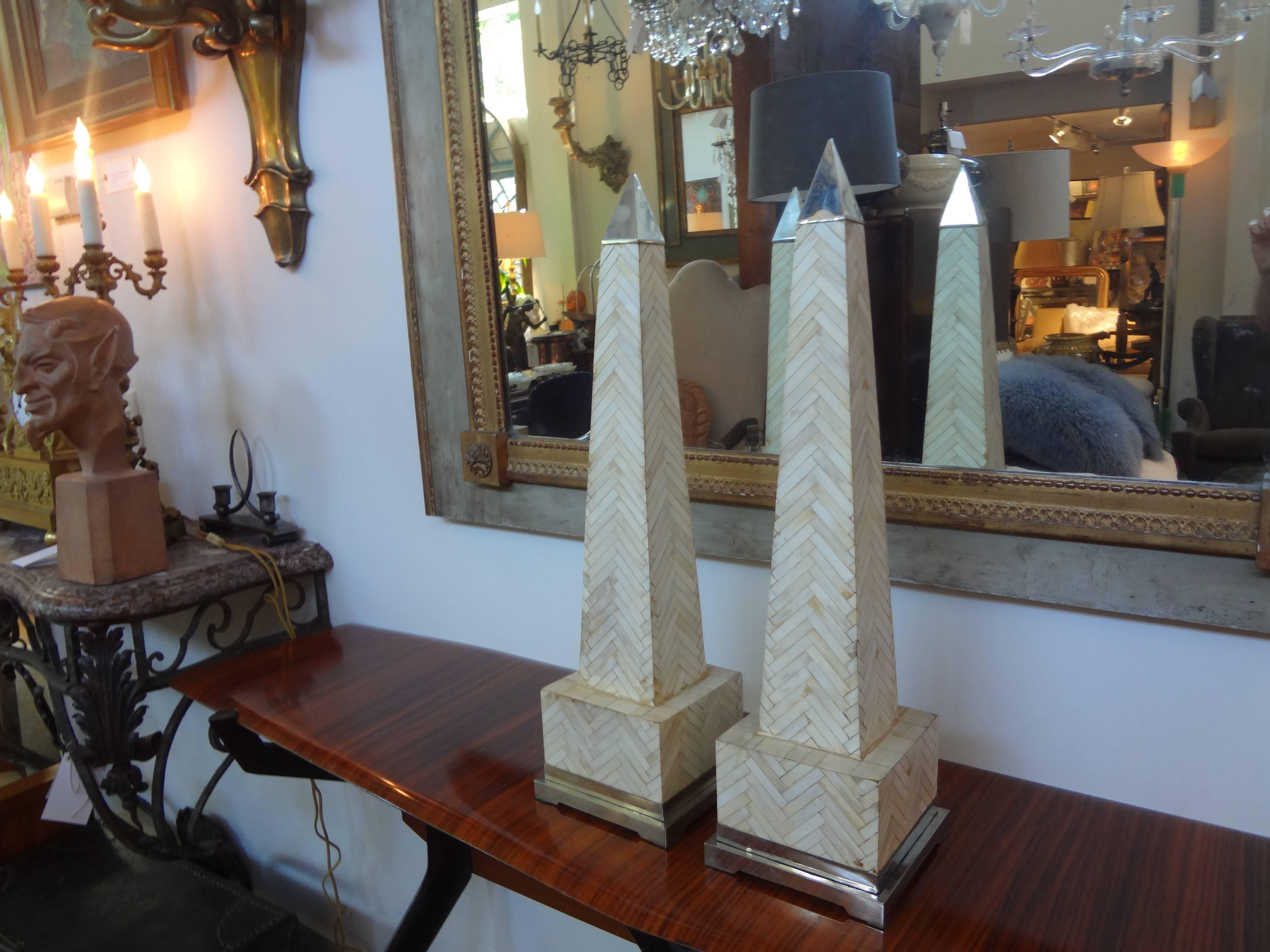 Late 20th Century Pair of Tessellated Bone Obelisks with Silver Plate Bases and Caps