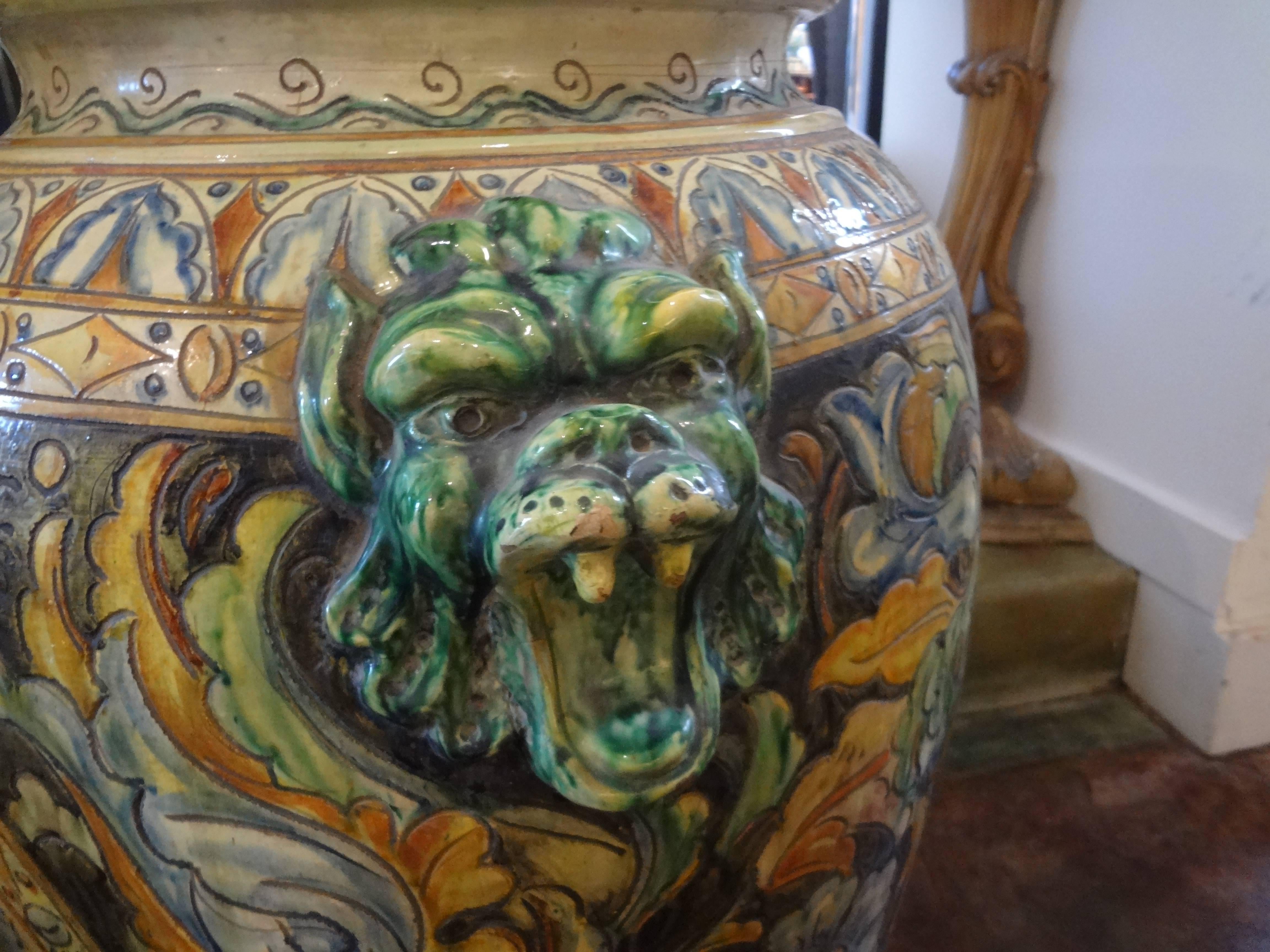 Large Italian Glazed Terracotta Urn with Stylized Horse In Good Condition For Sale In Houston, TX