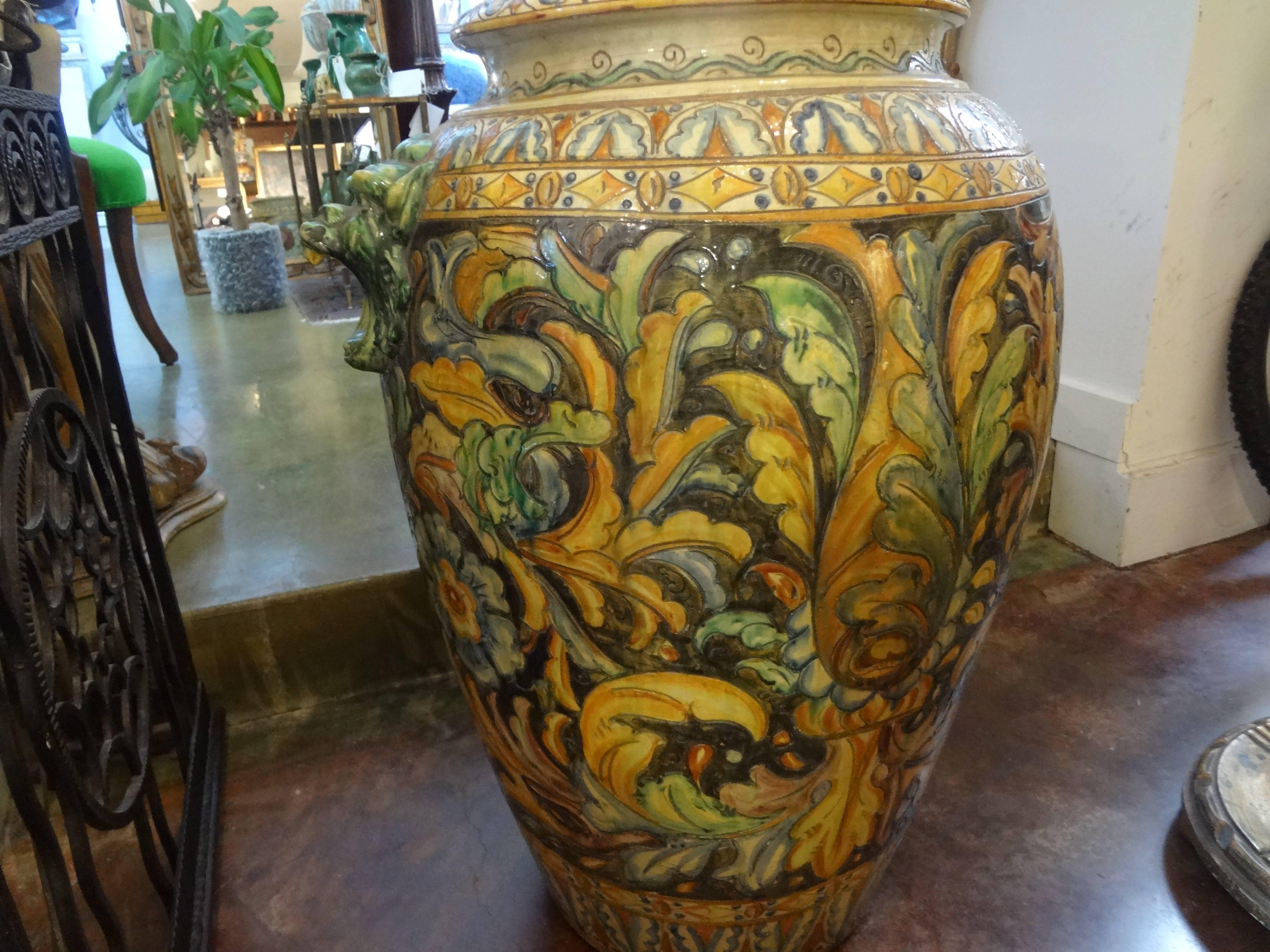 Classical Roman Large Italian Glazed Terracotta Urn with Stylized Horse For Sale
