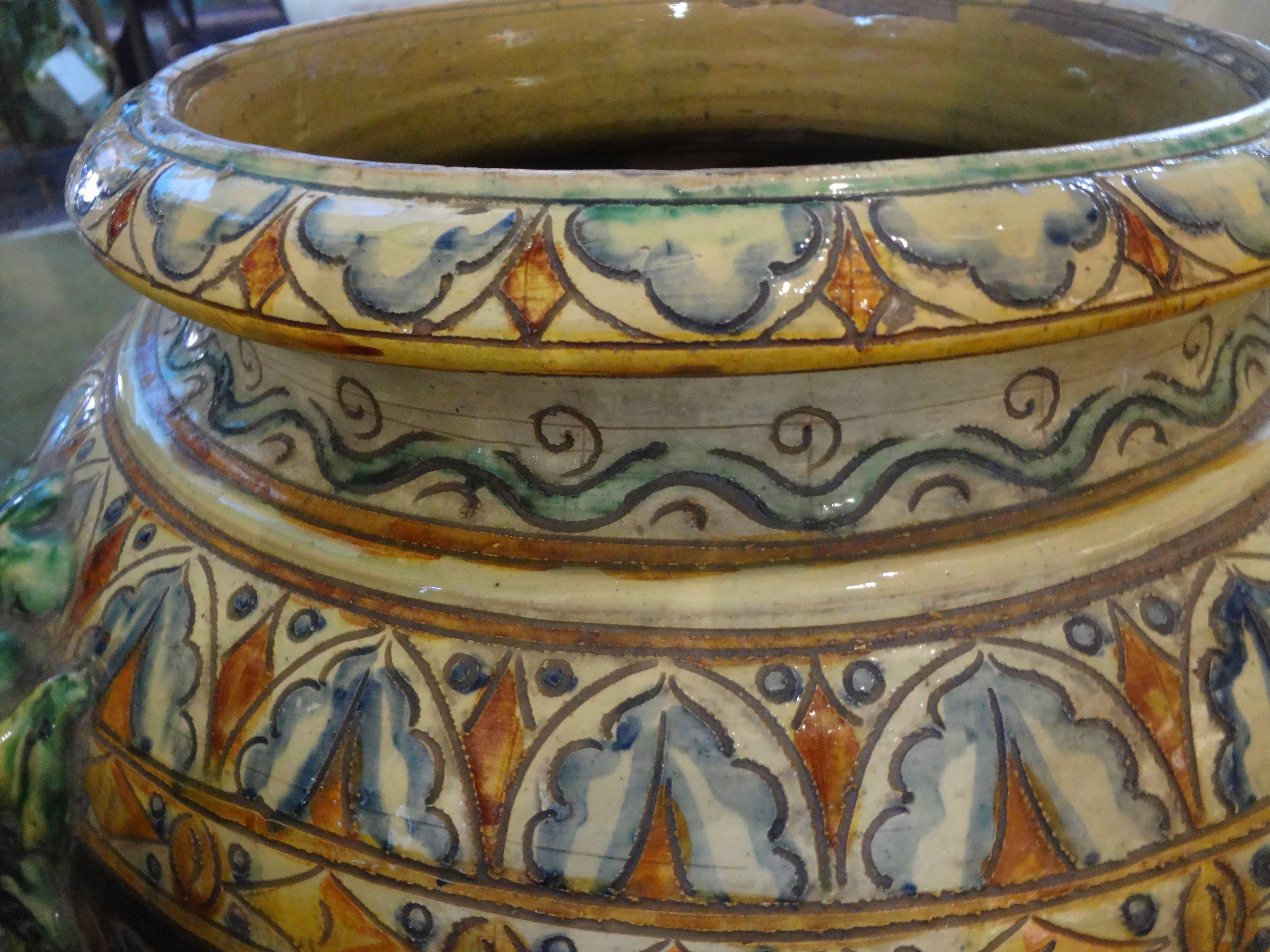 Large Italian Glazed Terracotta Urn with Stylized Horse For Sale 2