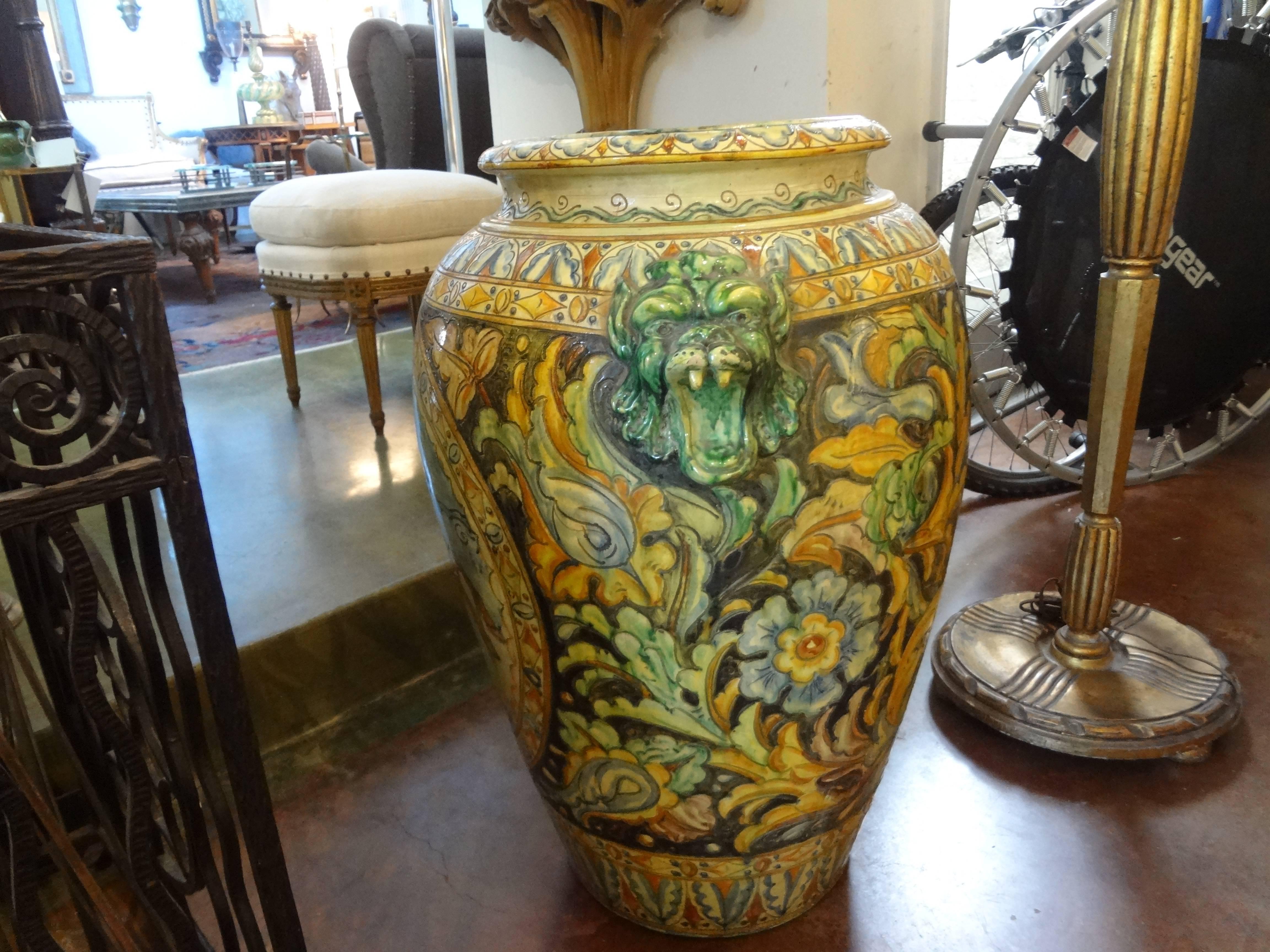 Large Italian Glazed Terracotta Urn with Stylized Horse For Sale 1