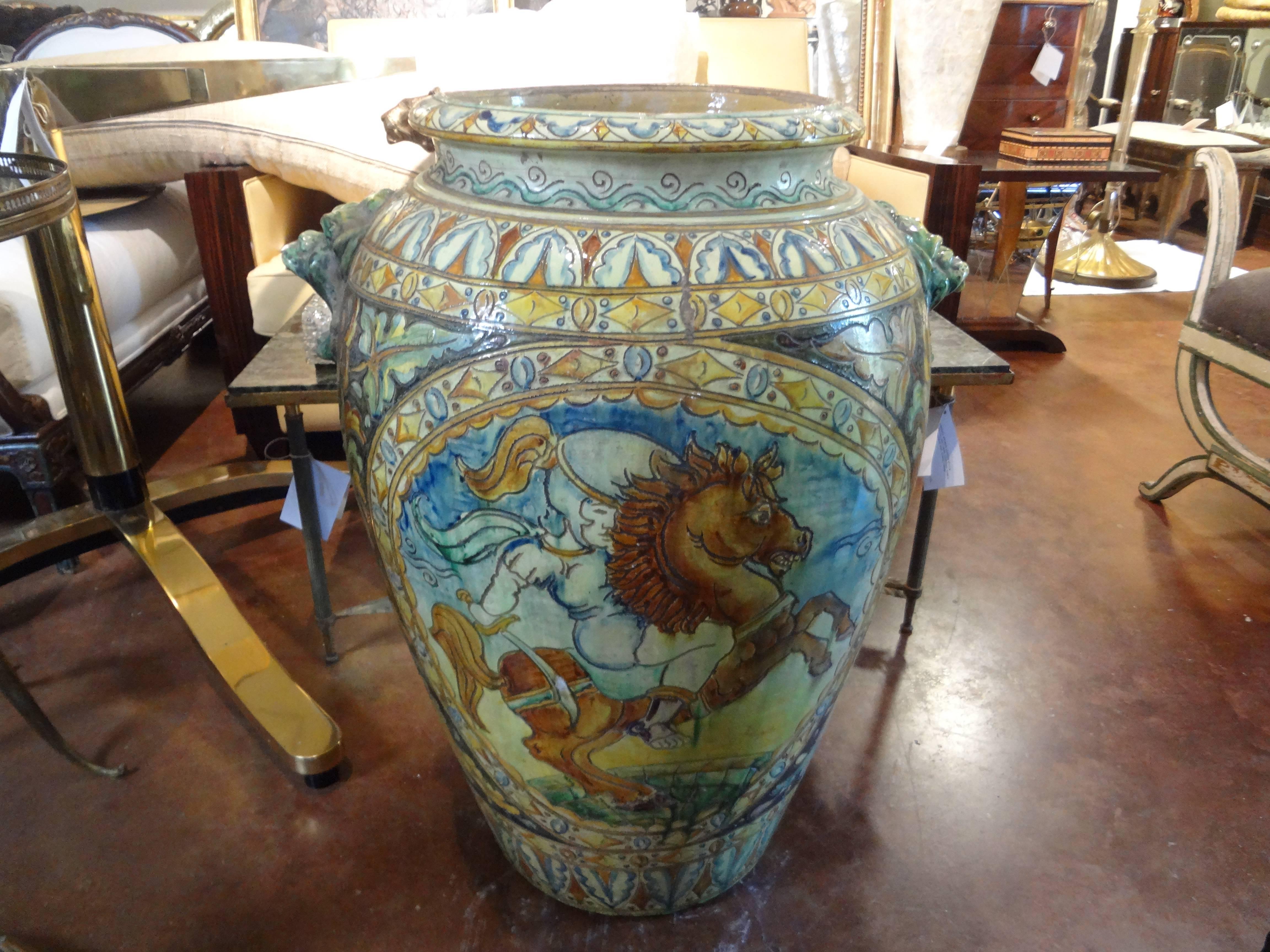 Large Italian Glazed Terracotta Urn with Stylized Horse For Sale 4