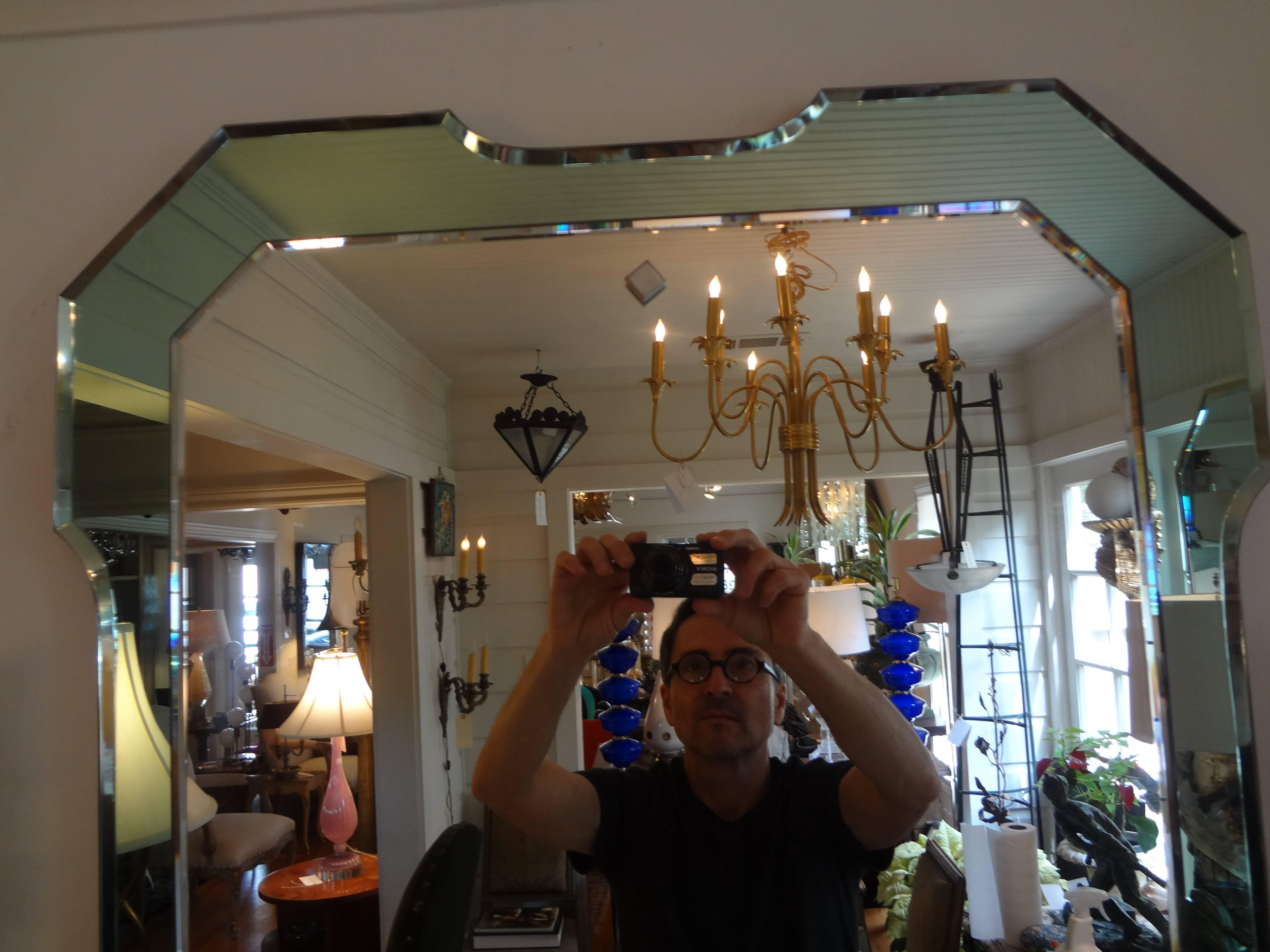 Italian Fontana Arte Style Rectangular Mirror with Green Beveled Border In Good Condition In Houston, TX